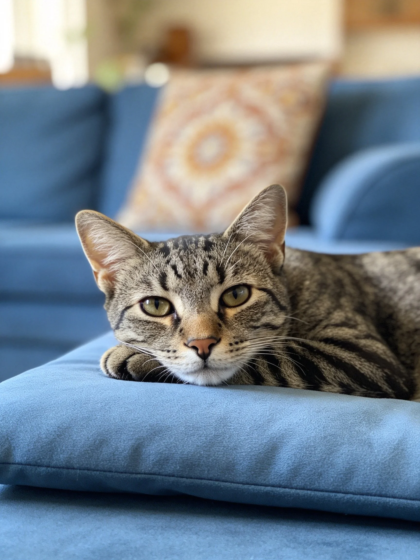 Tabby cat lounging on blue couch cushion near patterned pillow