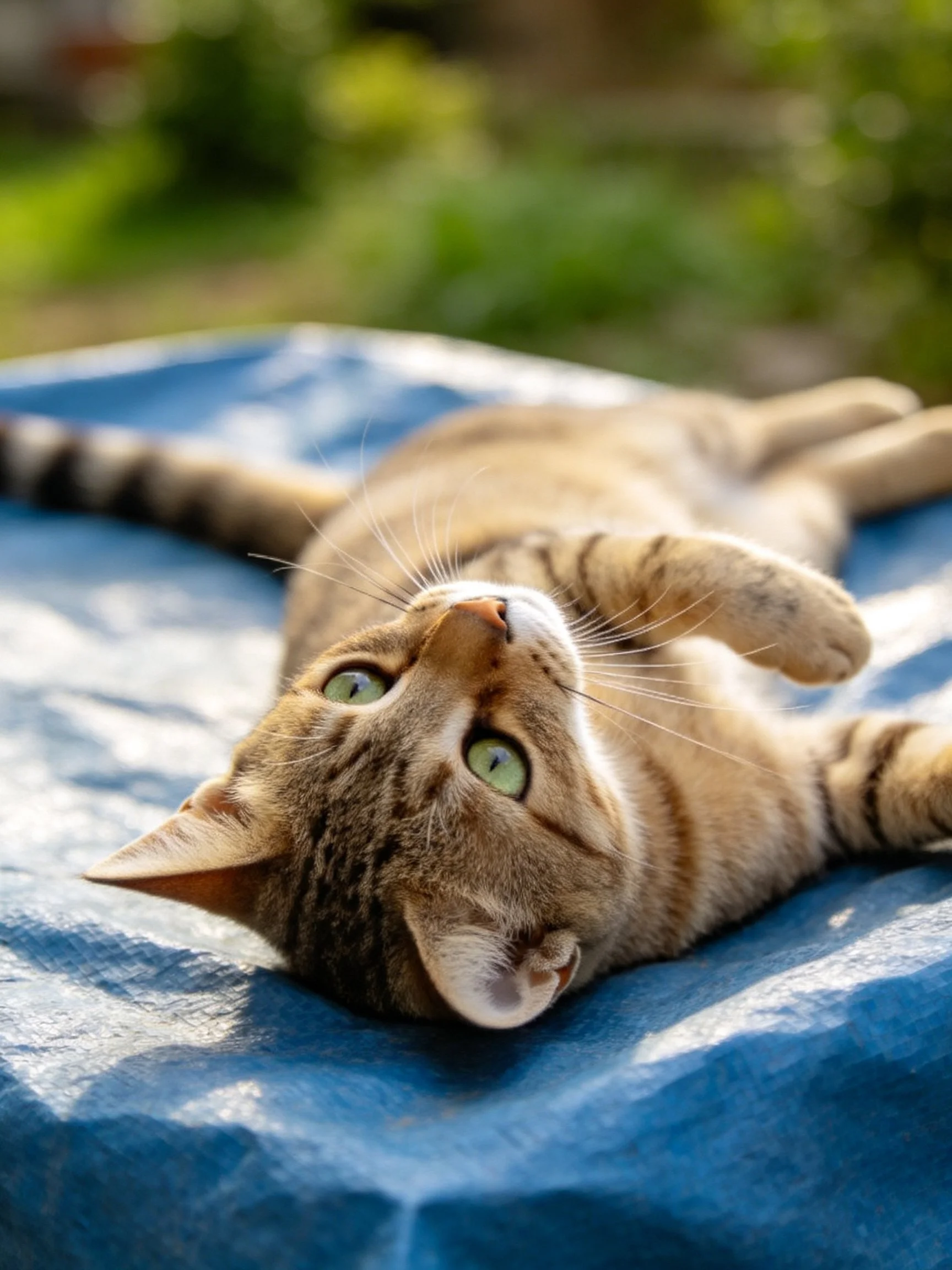 Tabby cat lounging on blue outdoor fabric with green backdrop