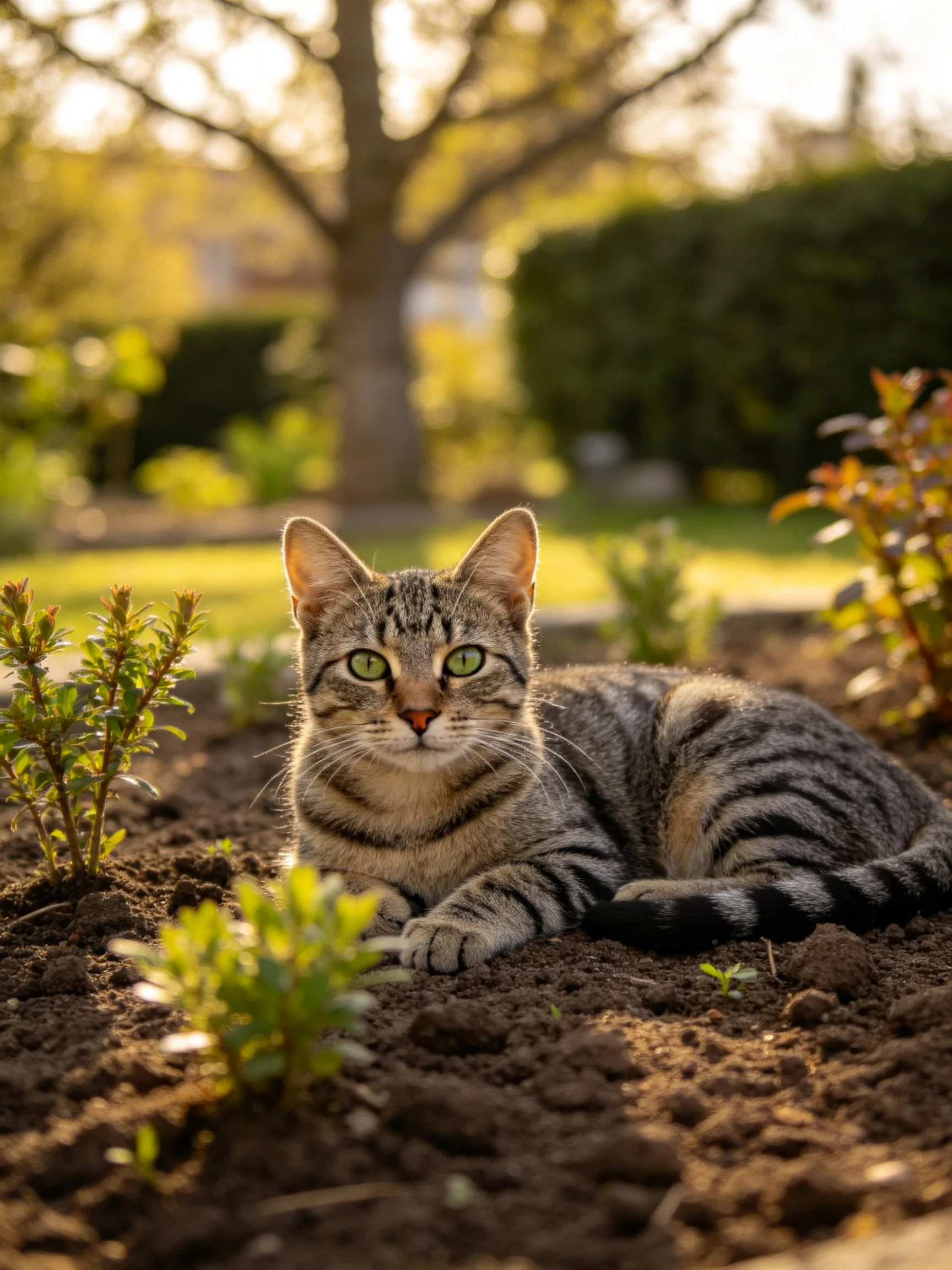 Tabby cat lounging on soil amid small plants with a large tree backdrop