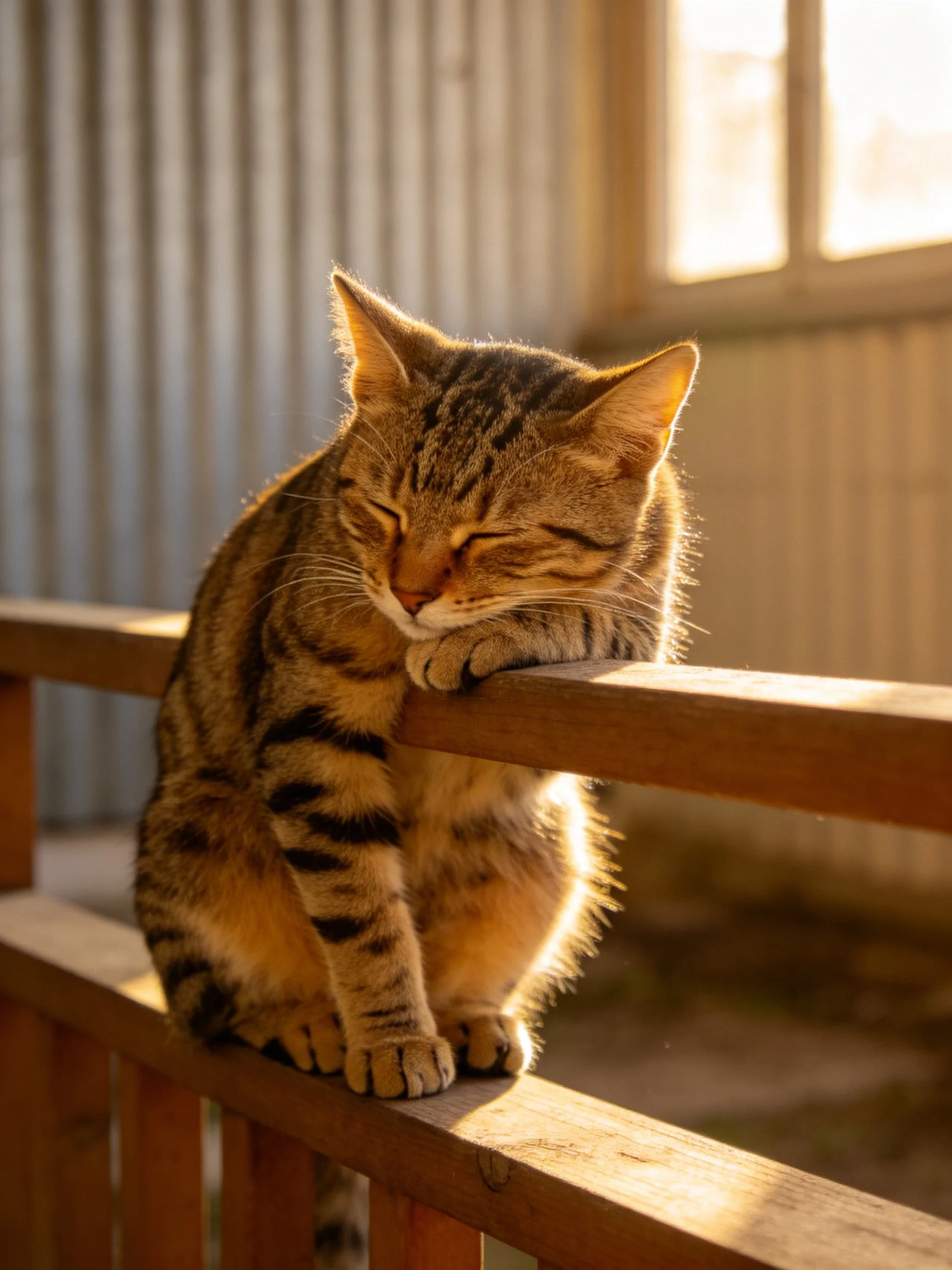 Tabby cat napping on wooden railing in golden sunlight