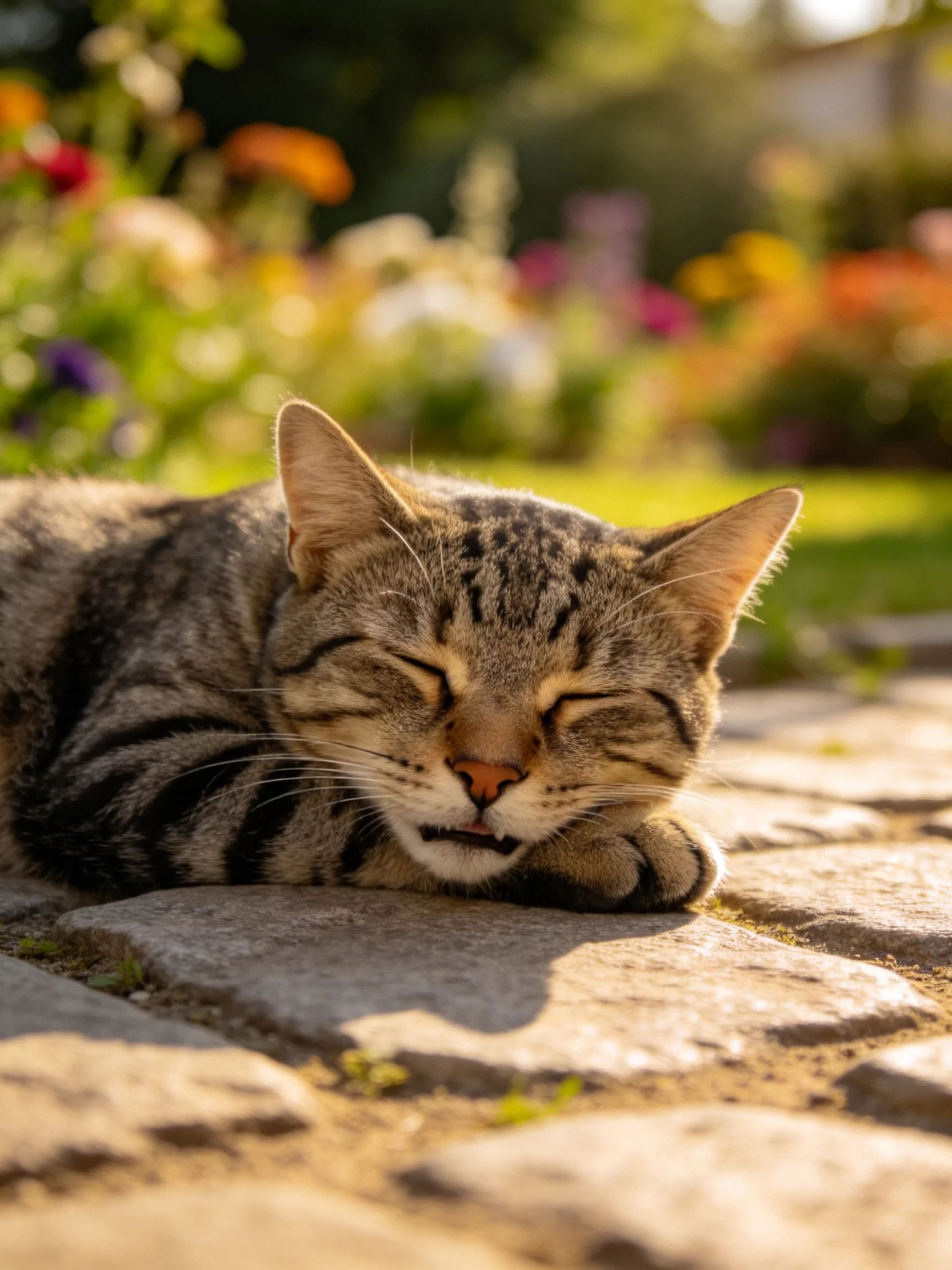 Tabby cat naps on stone path beside blooming flower garden