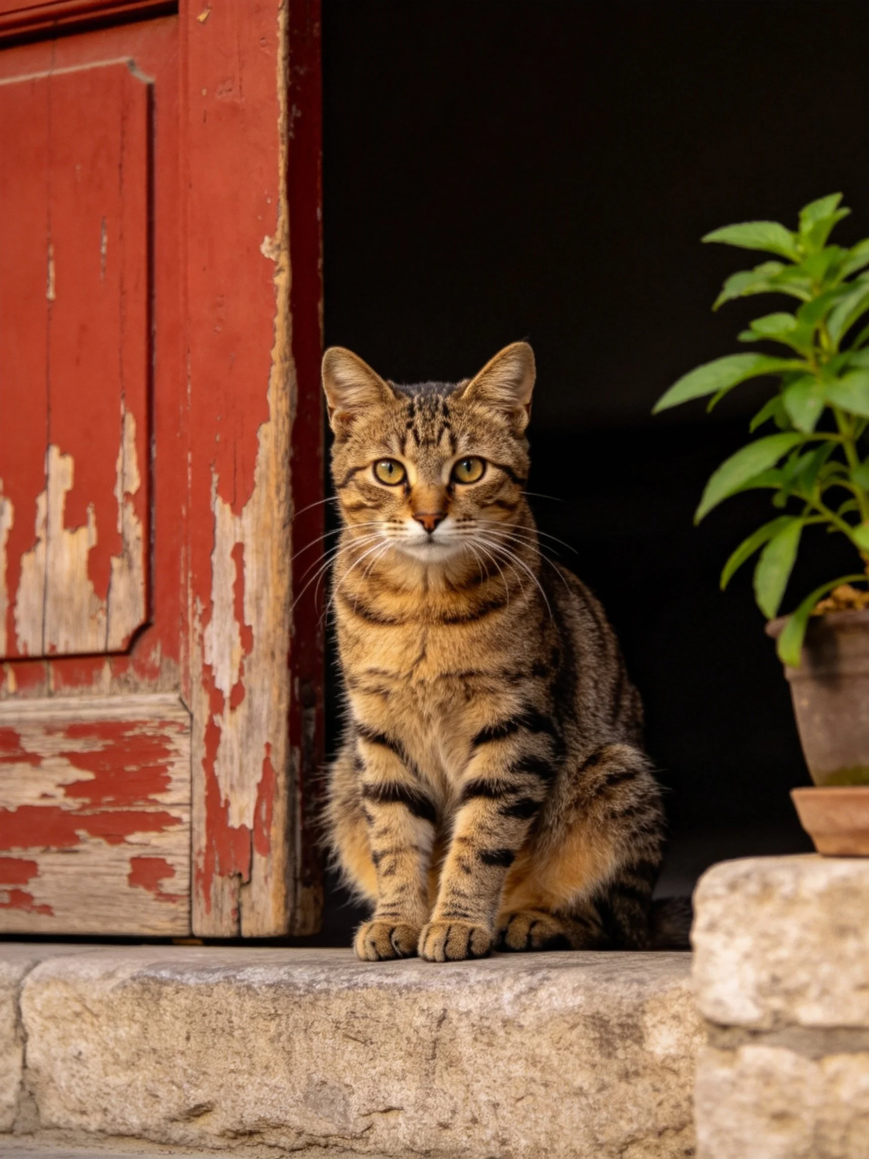 Tabby cat sits beside an aged red door next to a potted plant