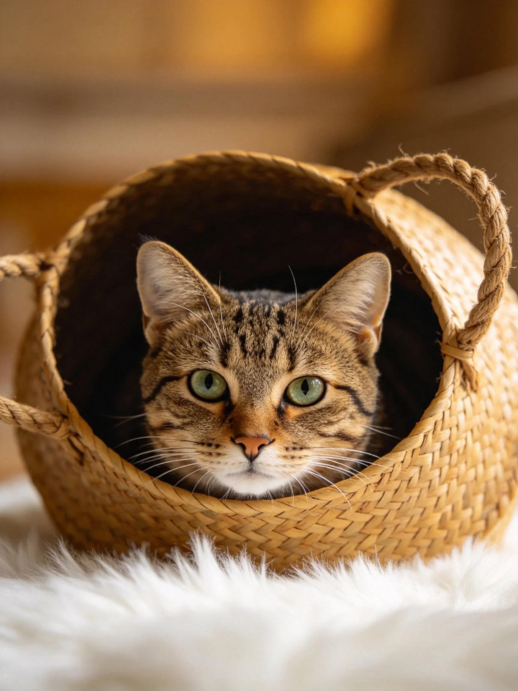 Tabby cat nestled in woven basket on fluffy white surface