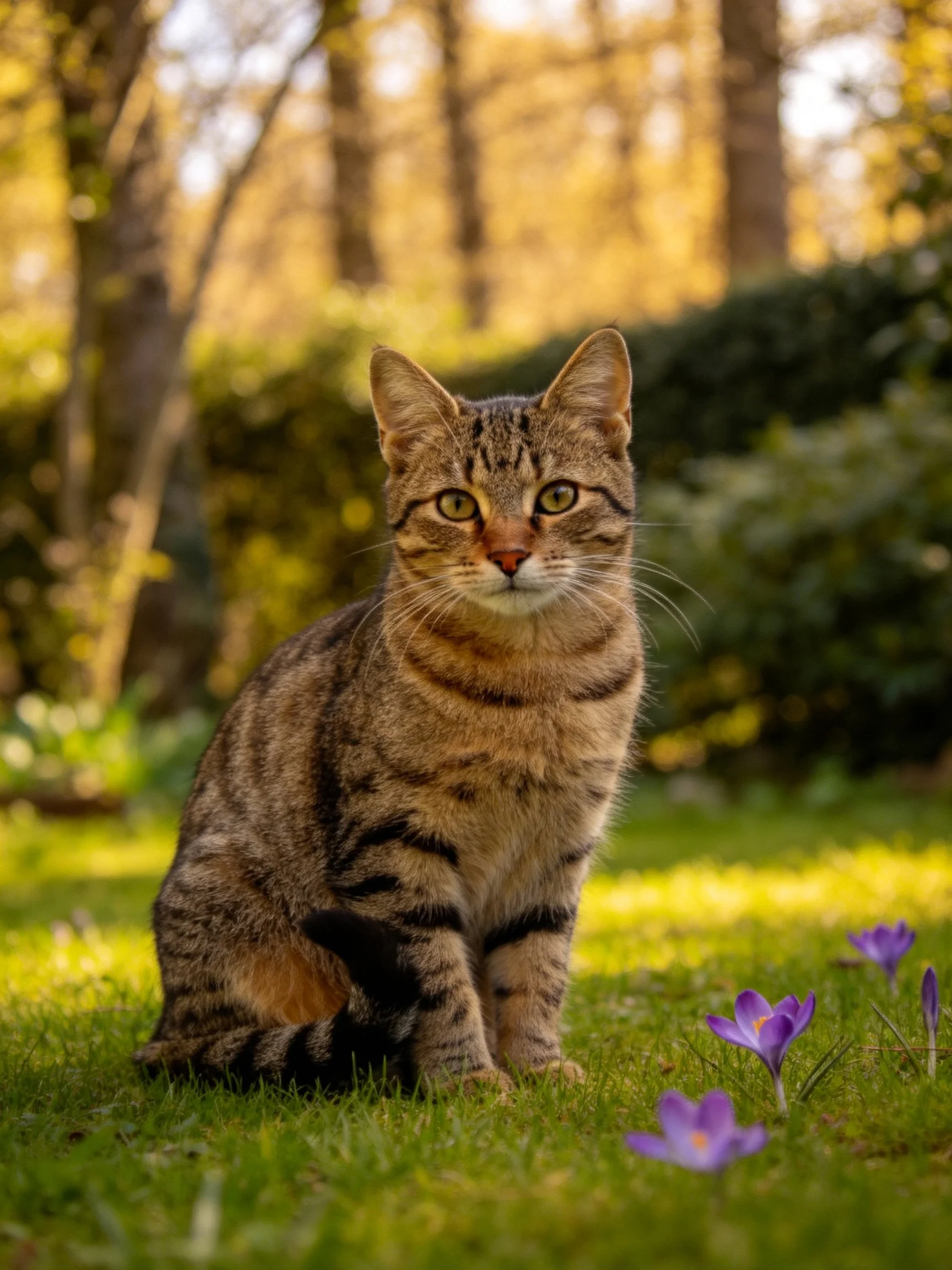 Tabby cat on grass near purple crocuses in sunlit garden