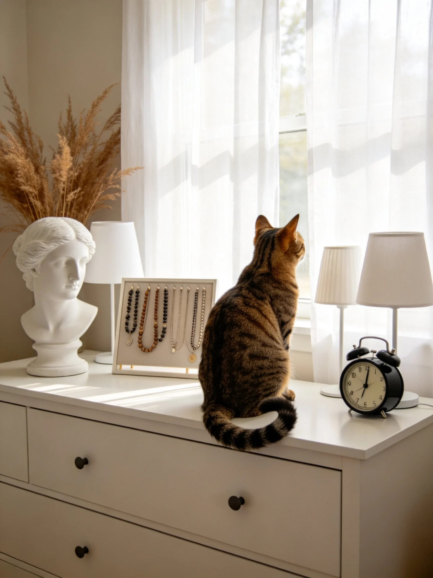 Tabby cat sits on white dresser near decor and alarm clock