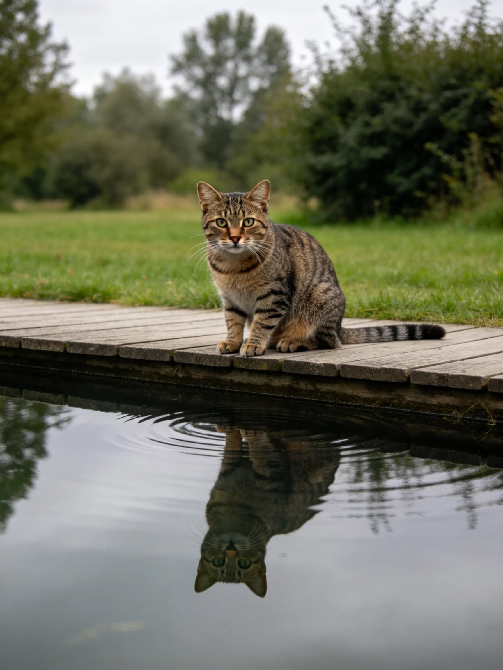 Tabby cat on wooden deck by calm water with reflection