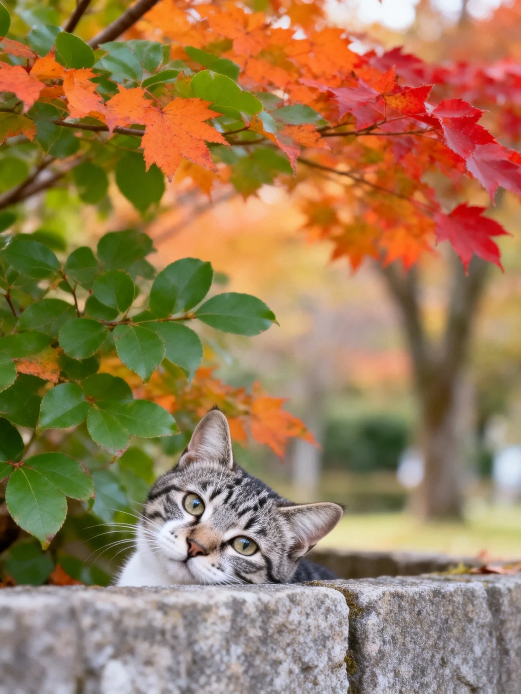 Tabby cat peeks from stone wall amid colorful fall foliage