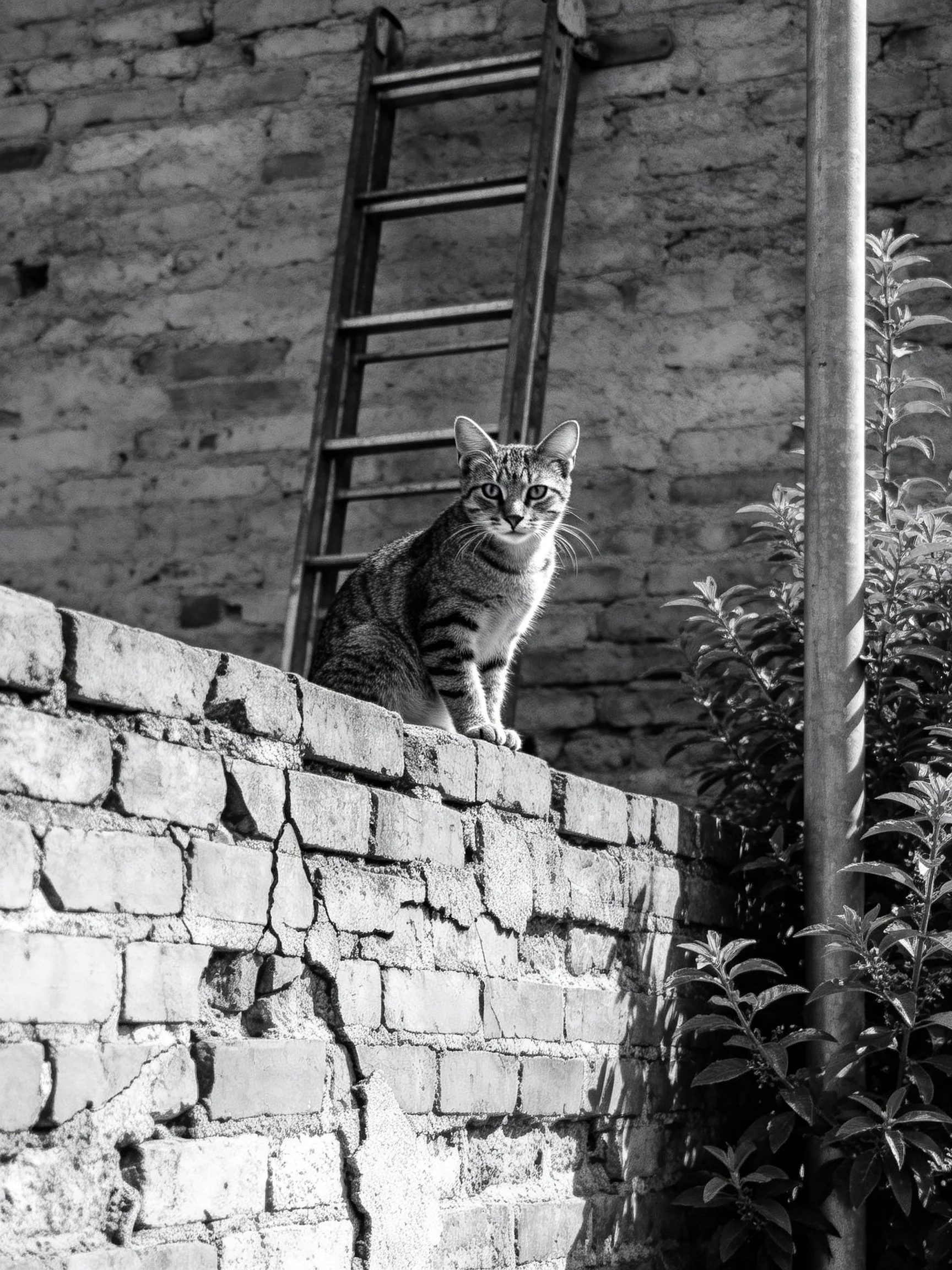 Tabby cat perched on cracked brick wall near old wooden ladder