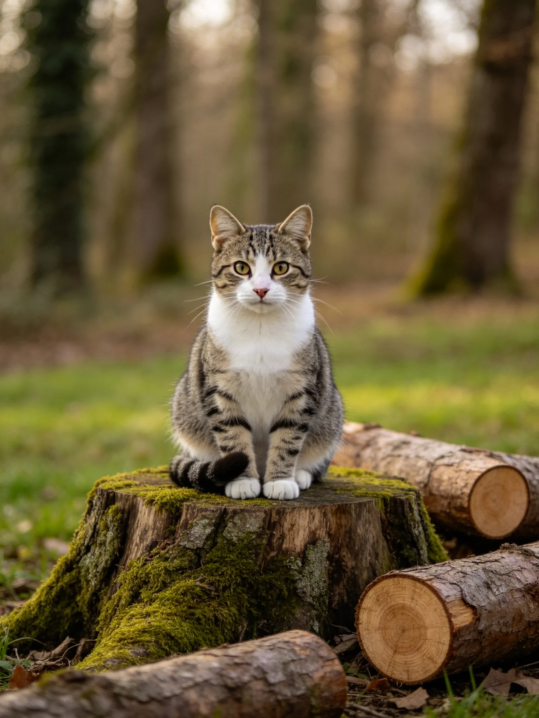 Tabby cat perched on moss-covered tree stump near cut logs
