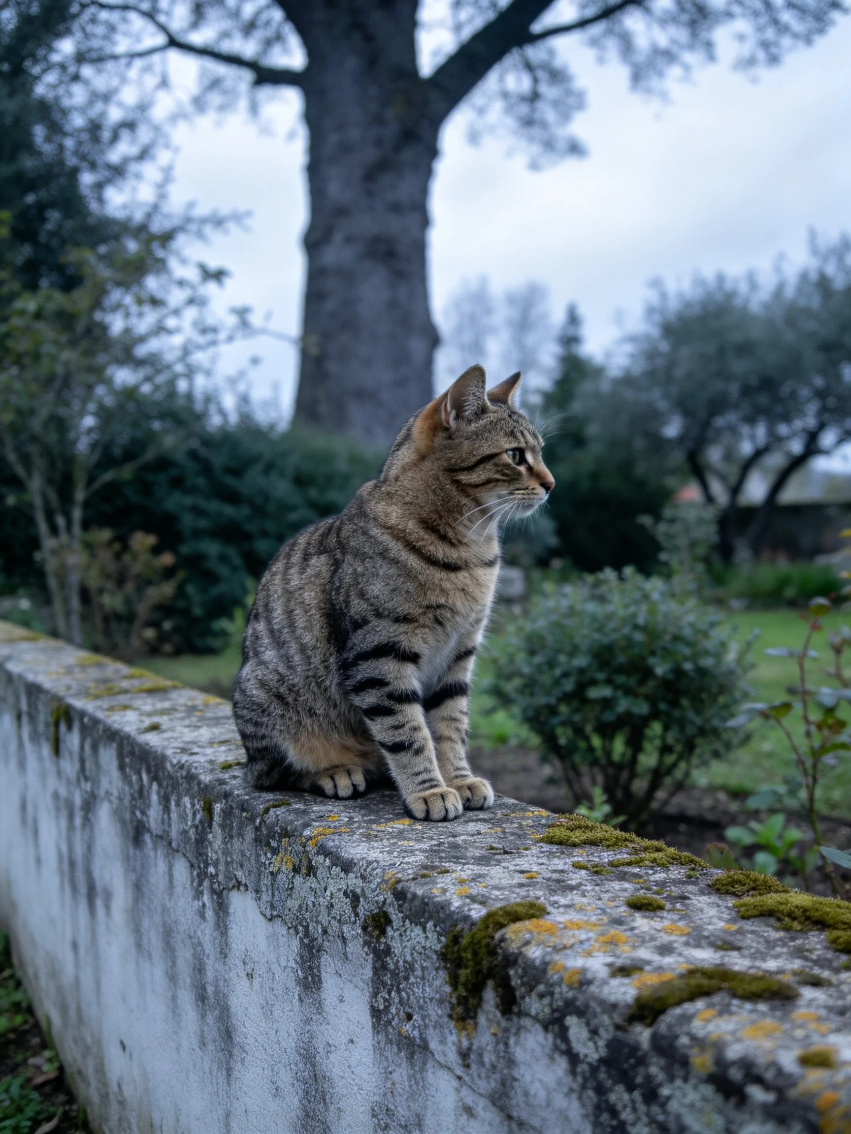 Tabby cat perched on mossy concrete ledge near large trees