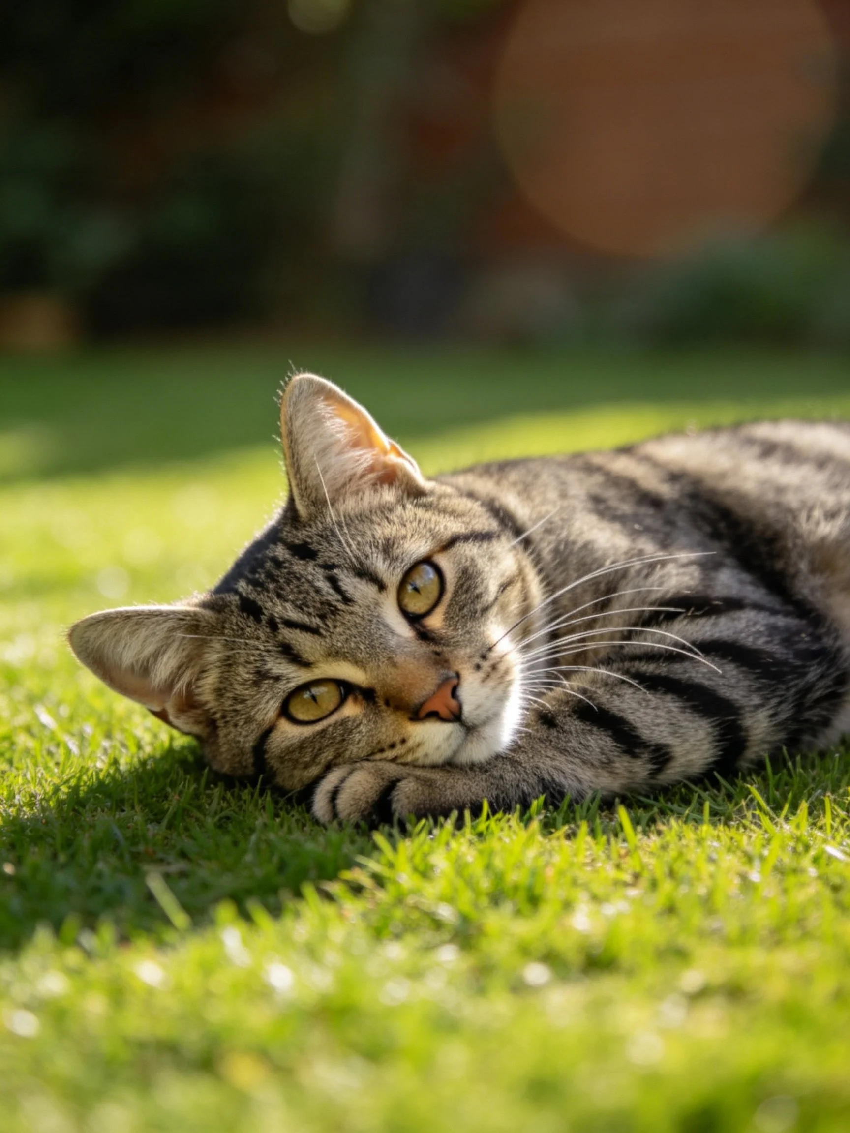 Tabby cat reclining on lush green grass in warm sunlight