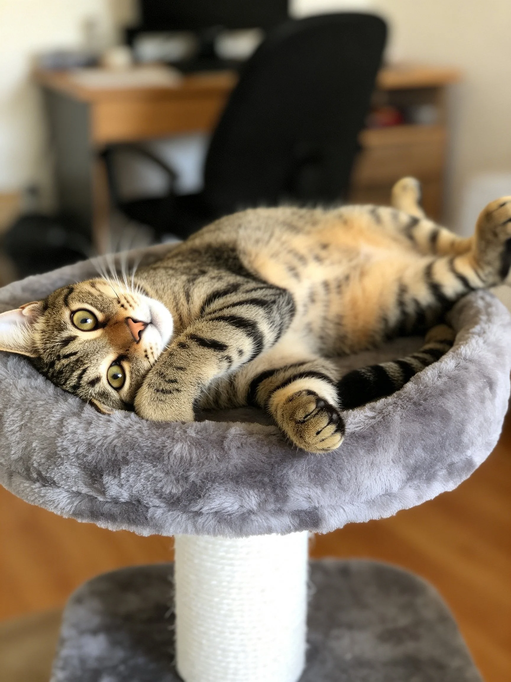 Tabby cat relaxes on plush gray cat bed near office furniture