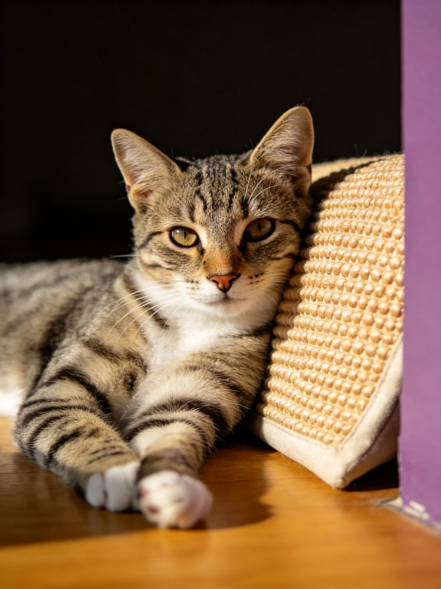 Tabby cat relaxing by textured beige pillow under warm light