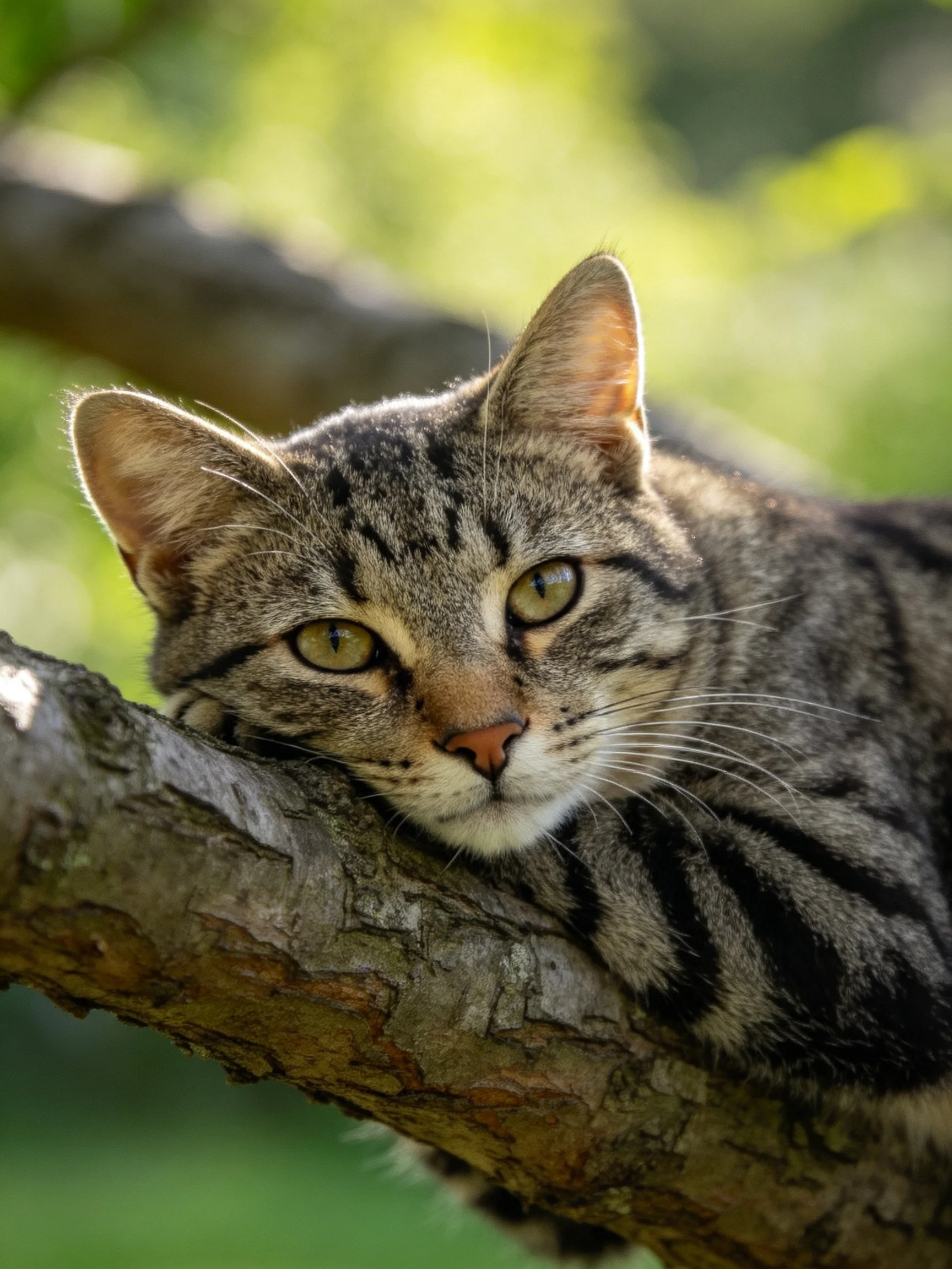 Tabby cat resting on a textured tree branch in soft light