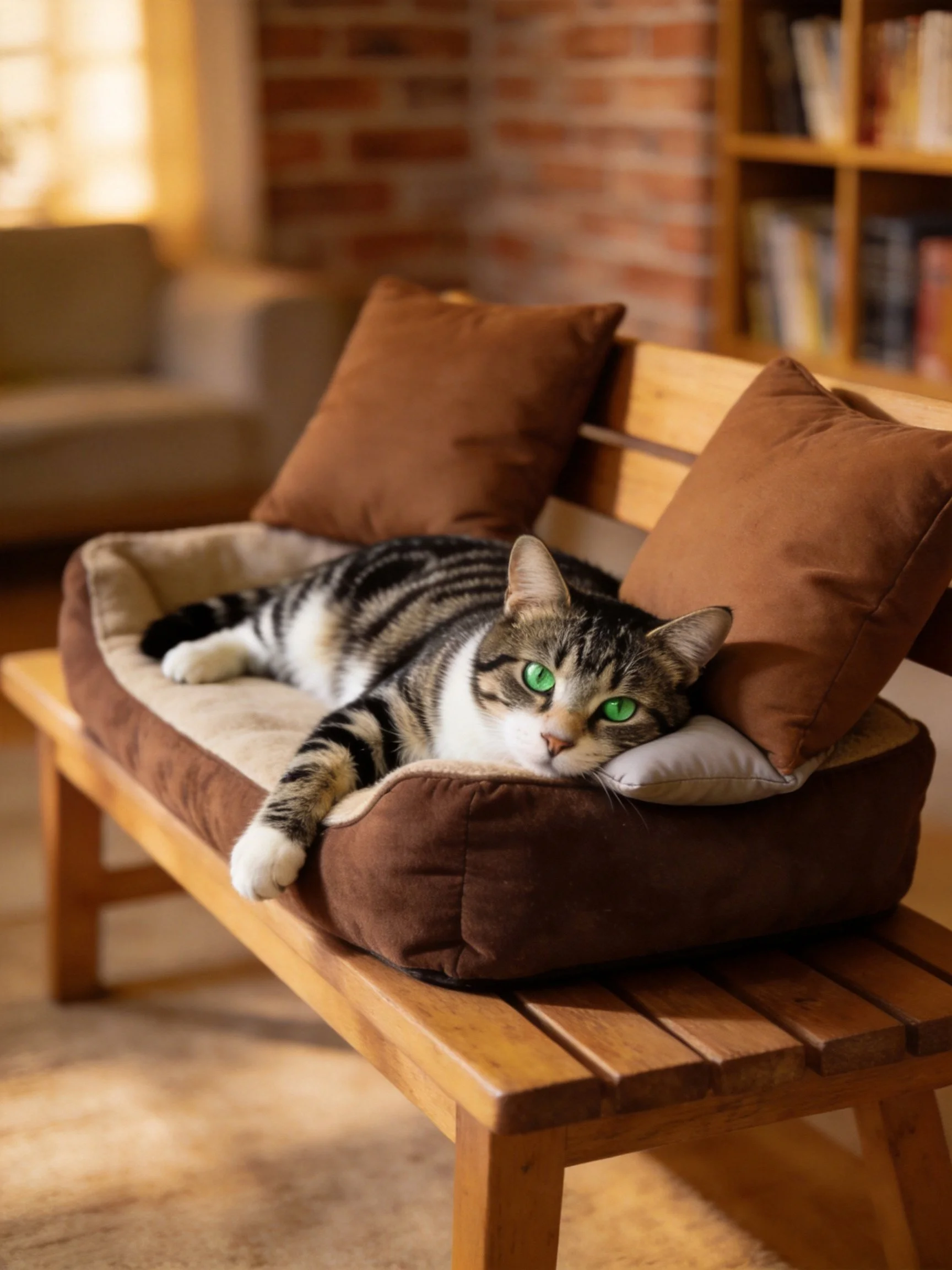 Tabby cat resting on brown pet bed on wooden bench near brick wall