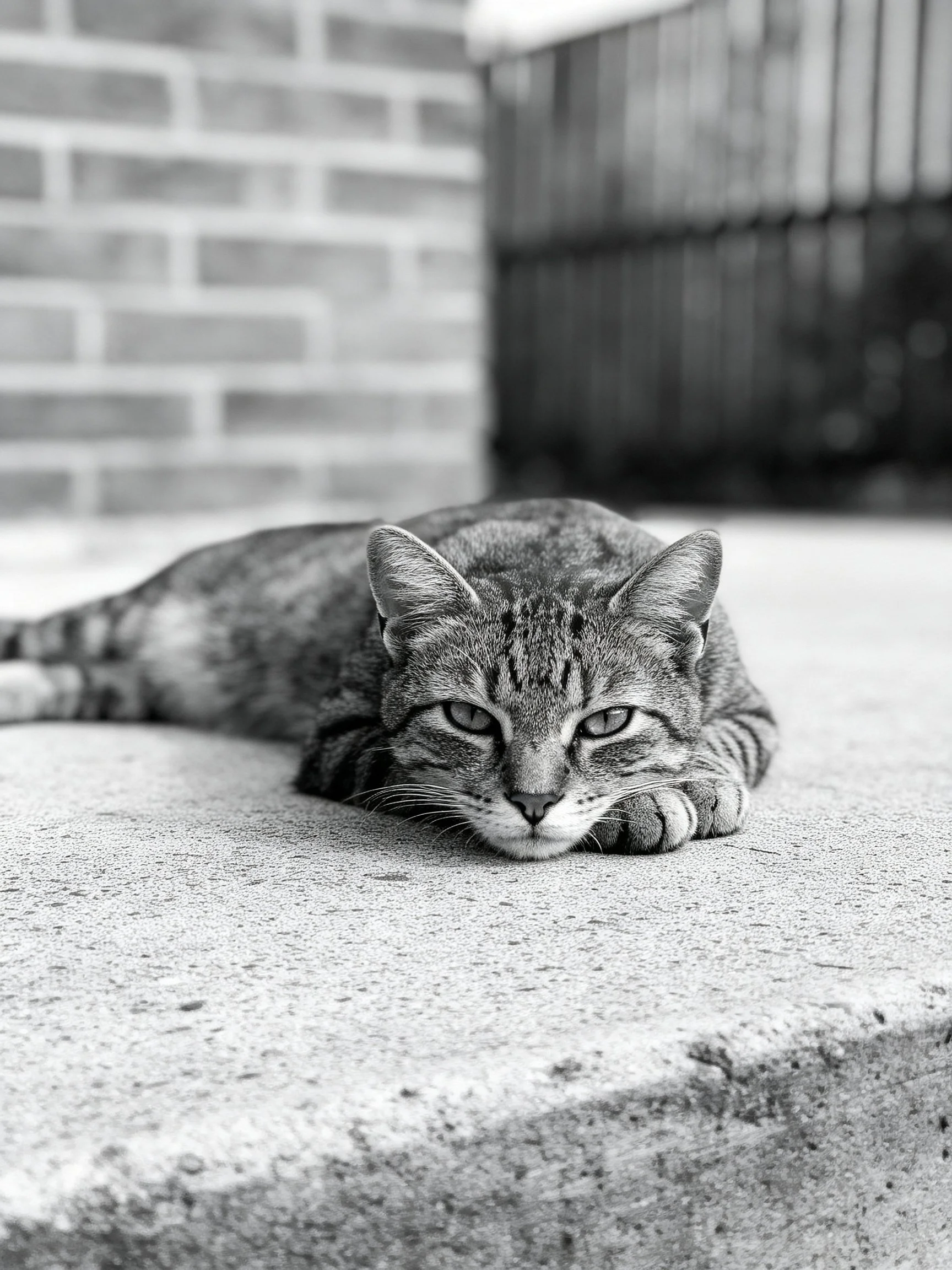 Tabby cat resting on concrete by brick wall in black and white