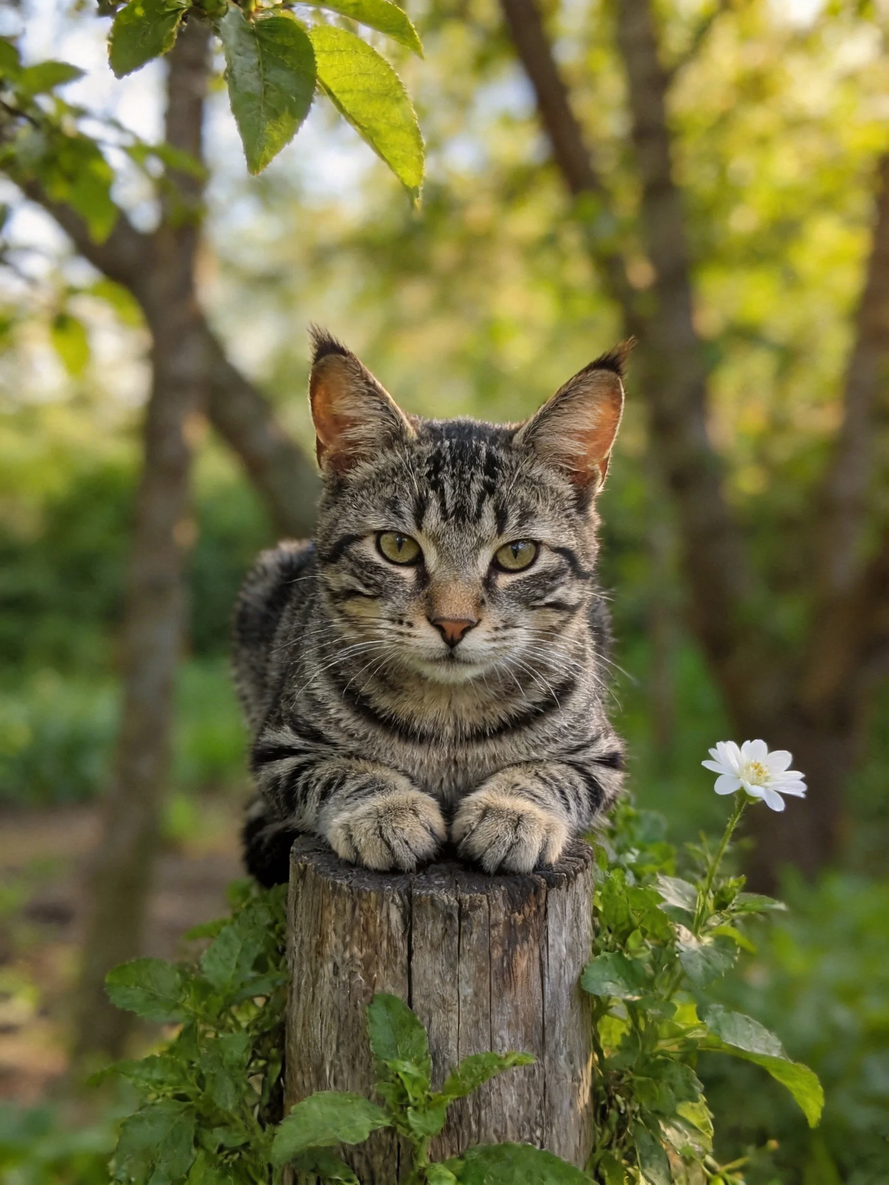 Tabby cat rests on aged wooden stump amid greenery and flower