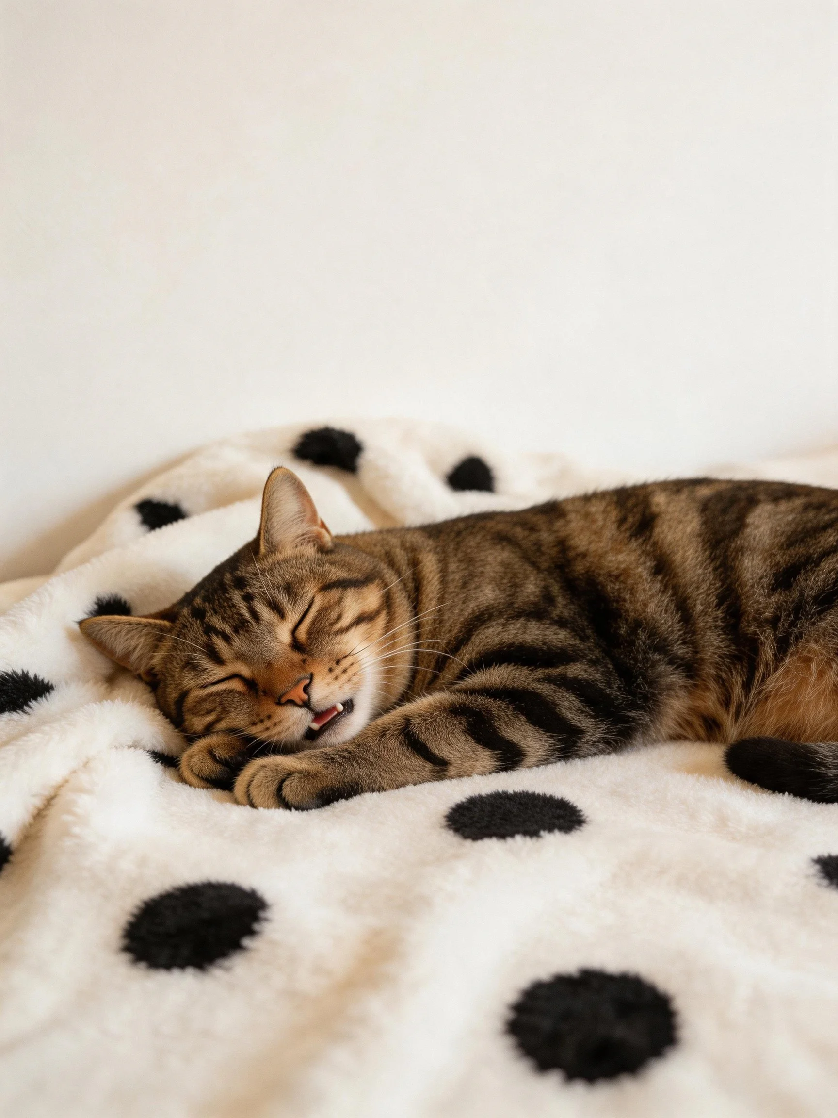 Tabby cat resting on white blanket with black polka dots