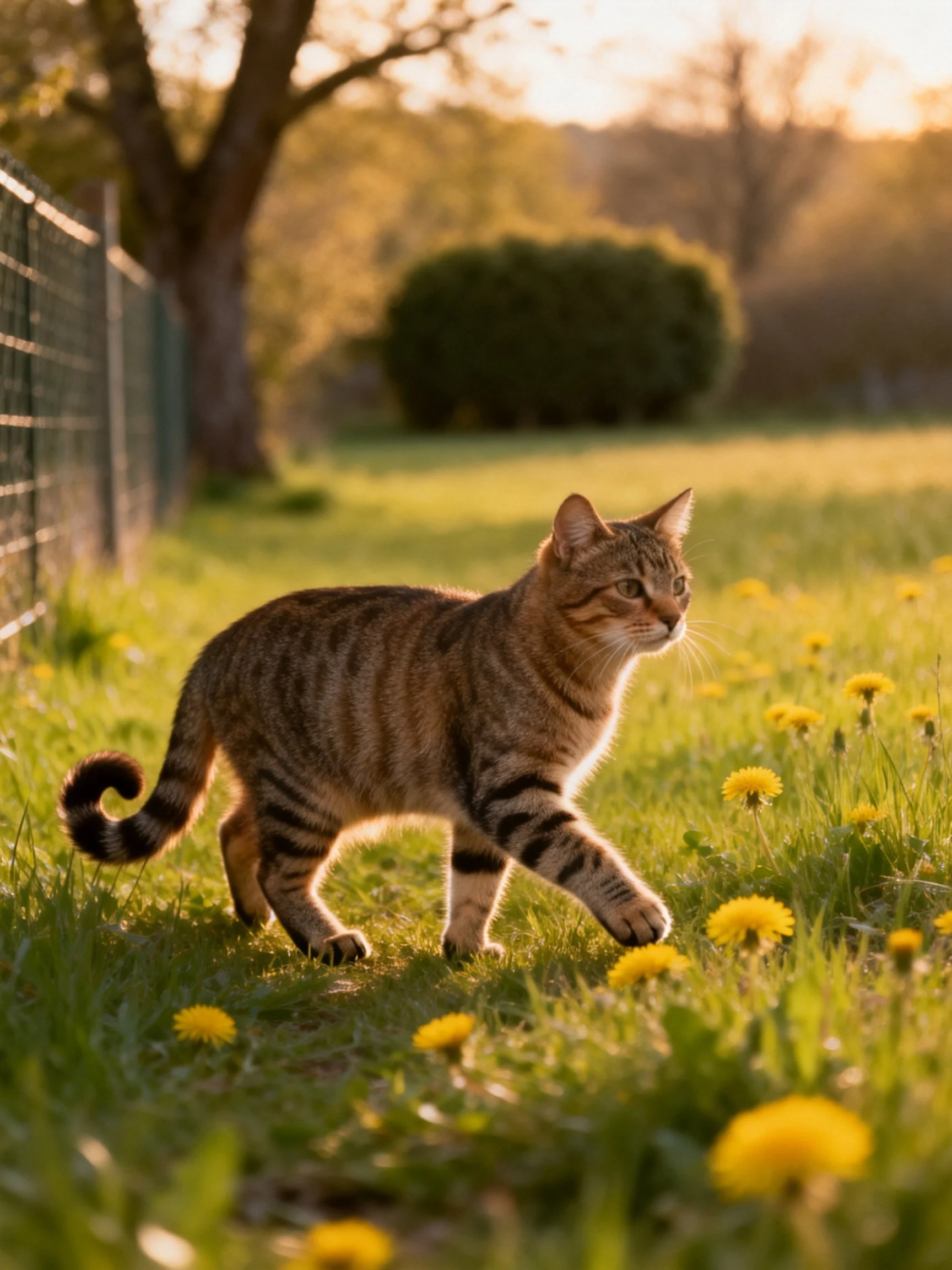 Tabby cat roams sunlit meadow with yellow dandelions