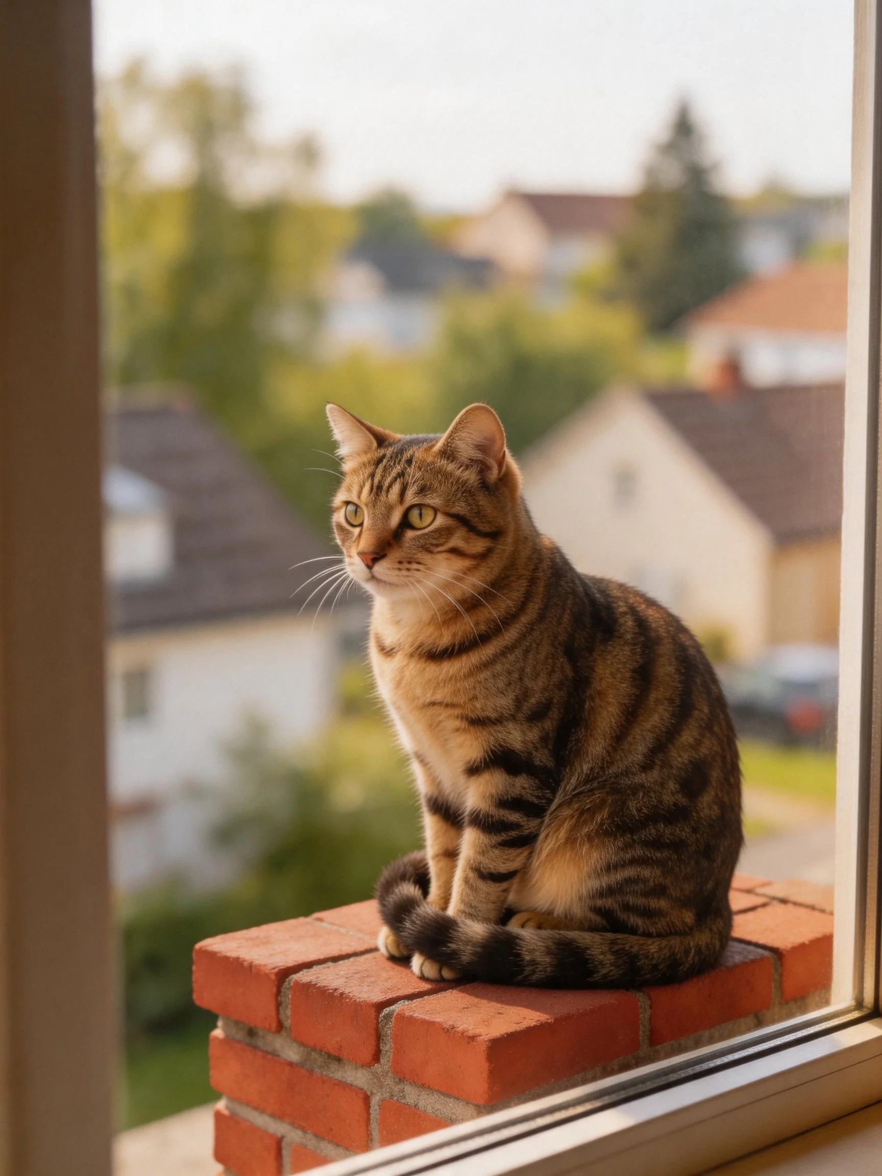 Tabby cat sits atop red brick ledge by window