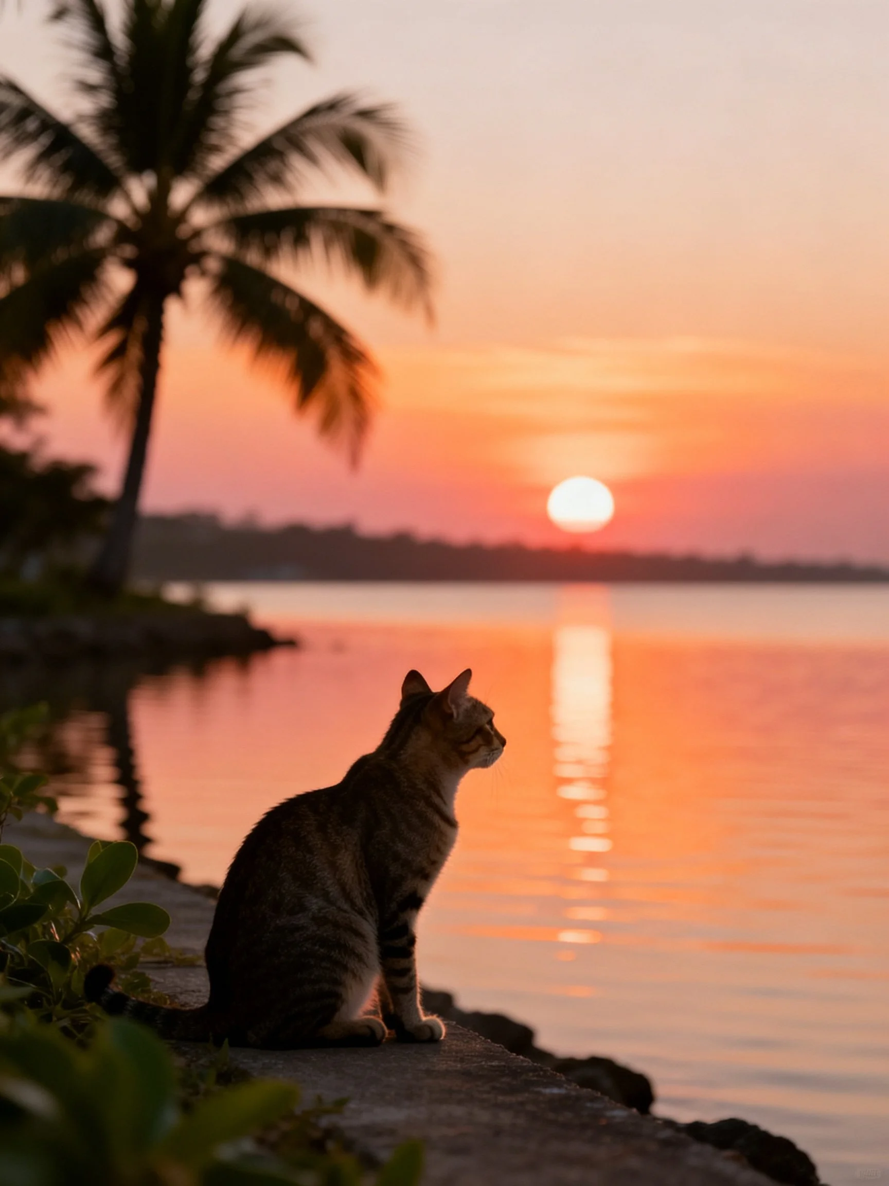 Tabby cat sits by calm waters during vibrant sunset