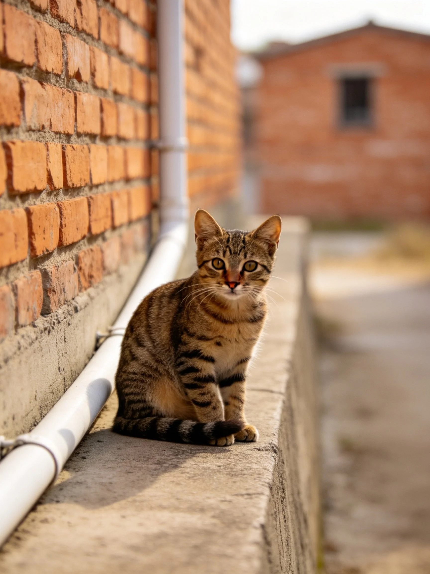 Tabby cat sits by red brick wall with white drainage pipe