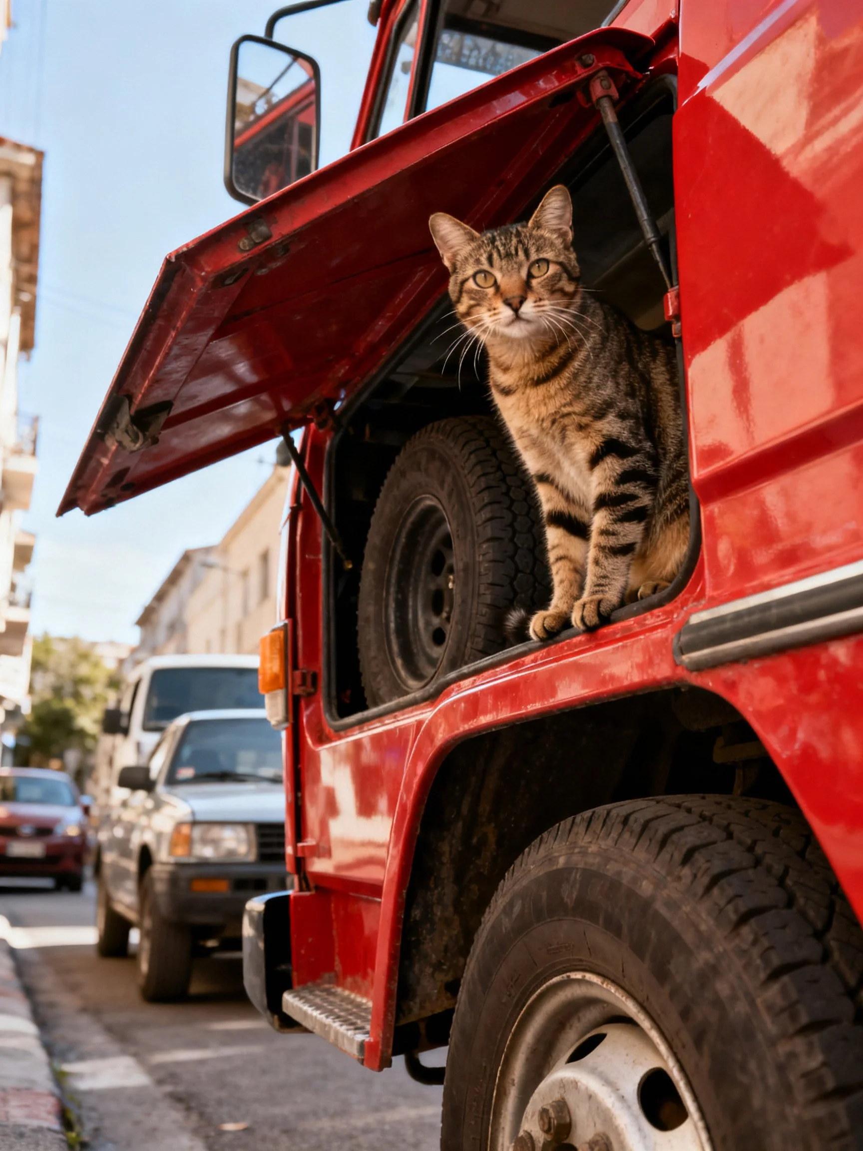 Tabby cat sits in open red truck compartment near parked cars