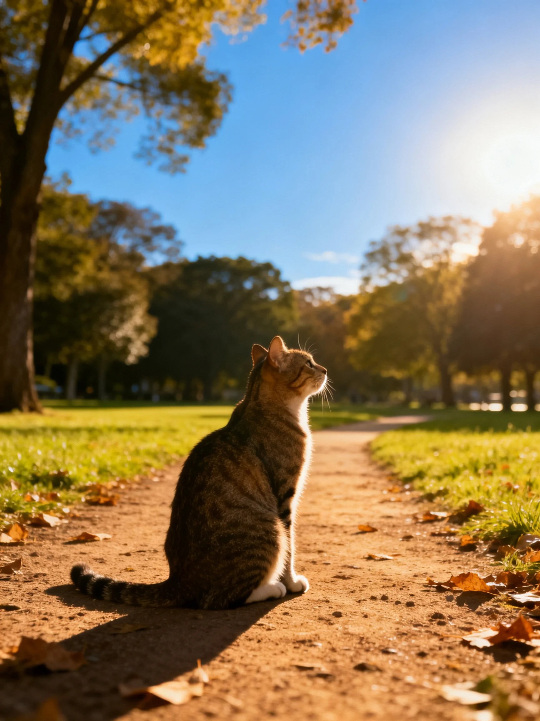 Tabby cat sits on sunlit dirt path in autumn park