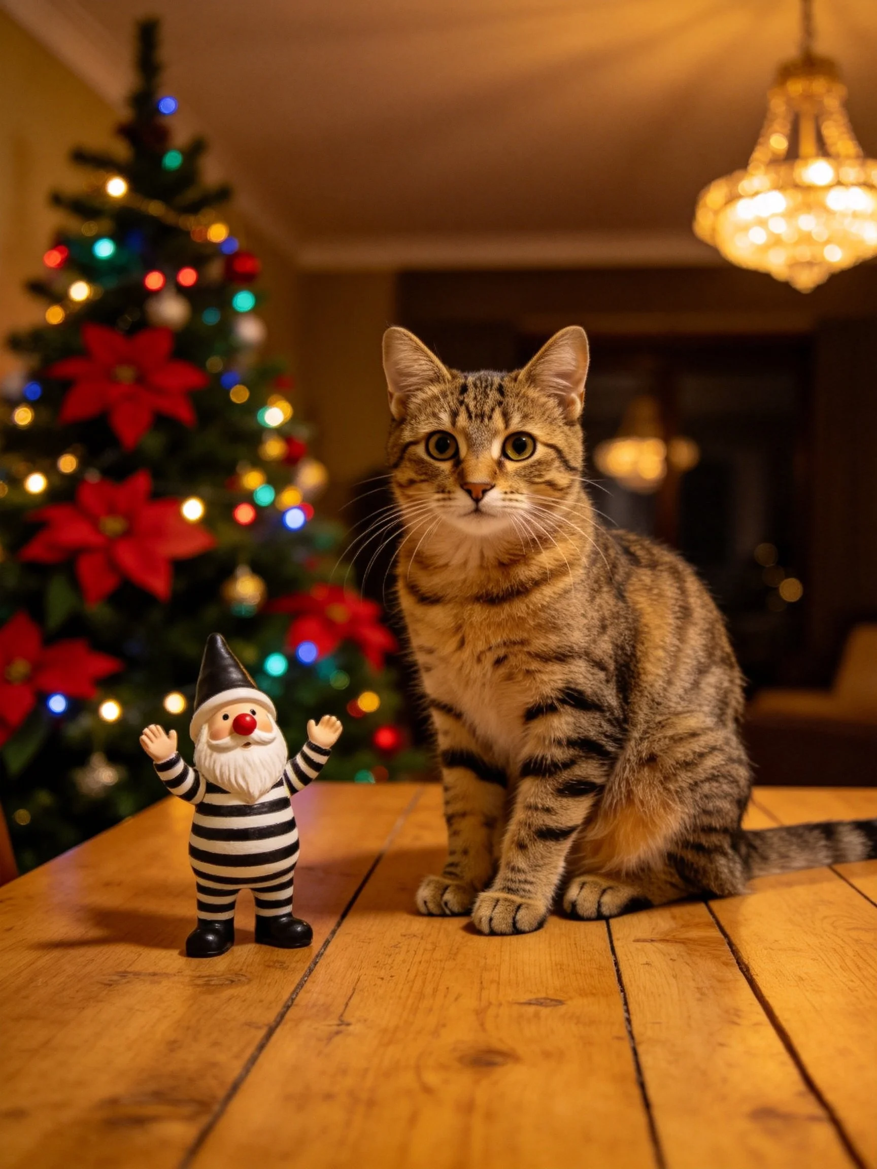 A tabby cat sits on a wooden table next to a striped gnome with a decorated Christmas tree in the background.