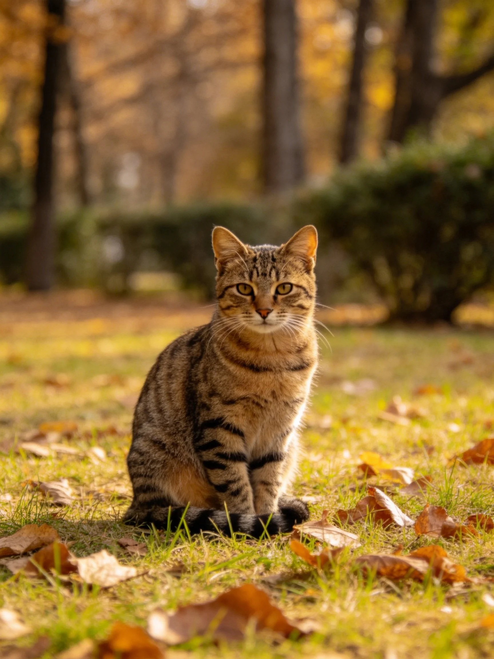 Tabby cat sitting among scattered autumn leaves in a sunlit park