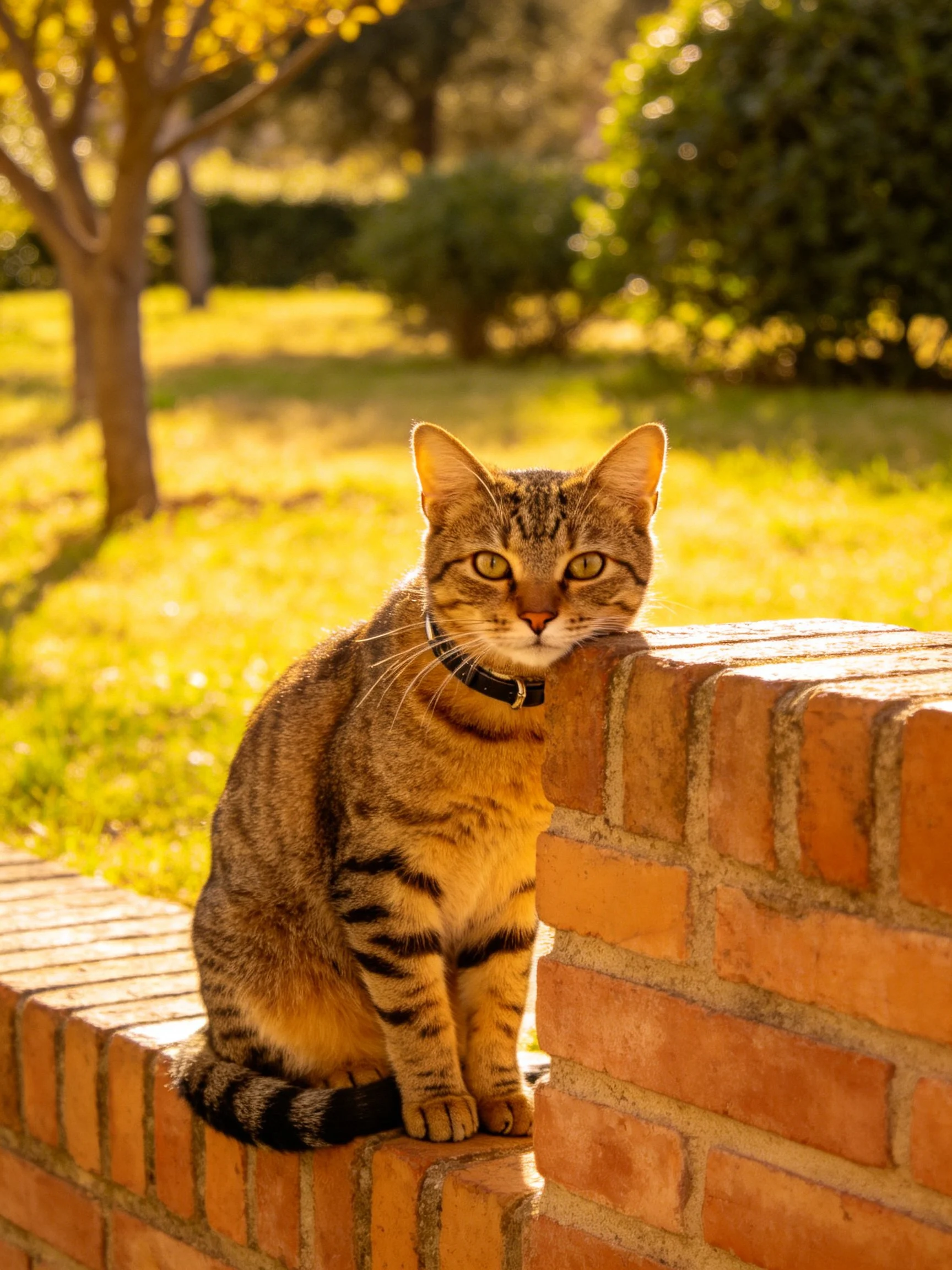 Tabby cat sitting on brick wall in sunlit garden