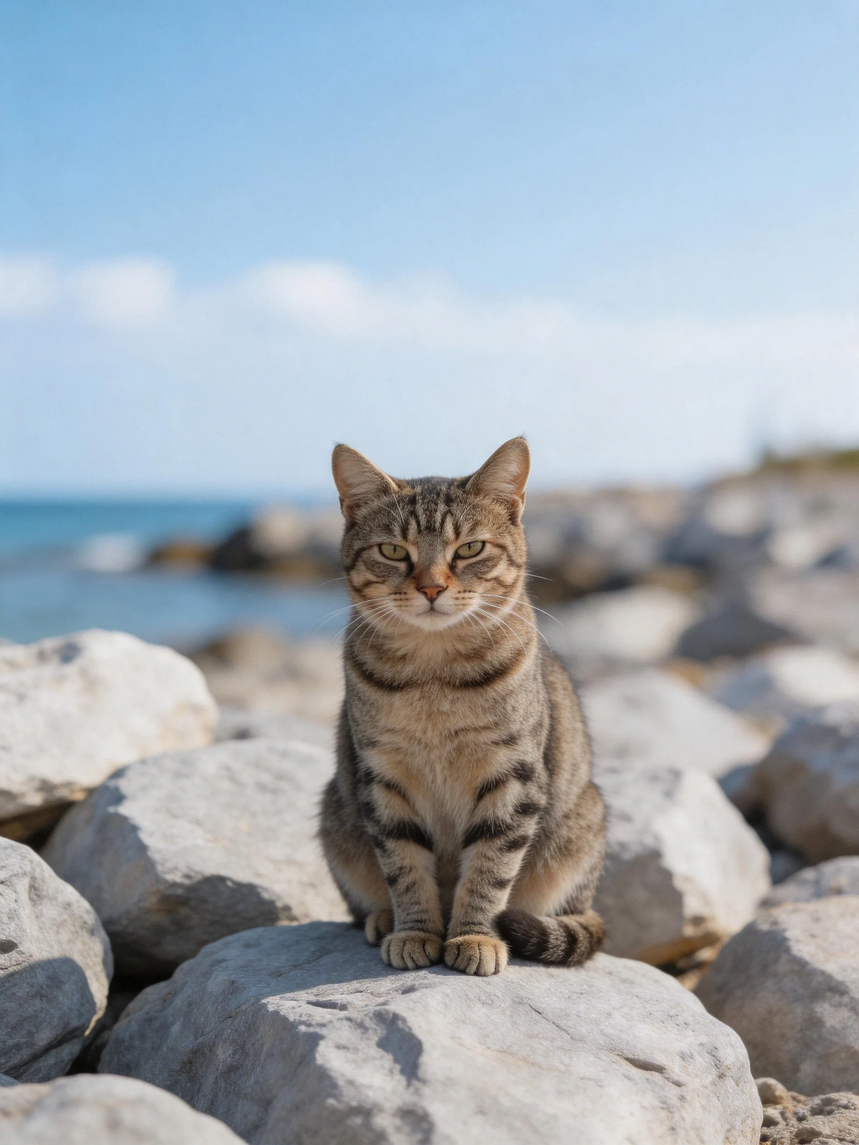Tabby cat sitting on gray rocks by calm blue sea
