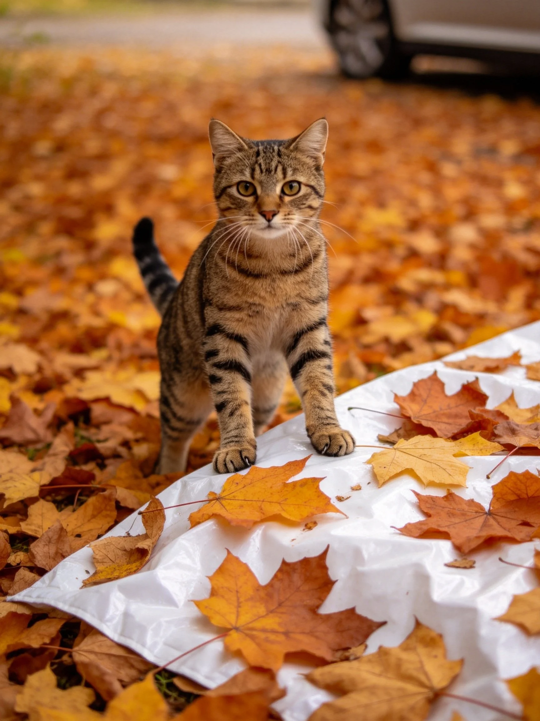 Tabby cat standing on white cloth amid golden autumn leaves