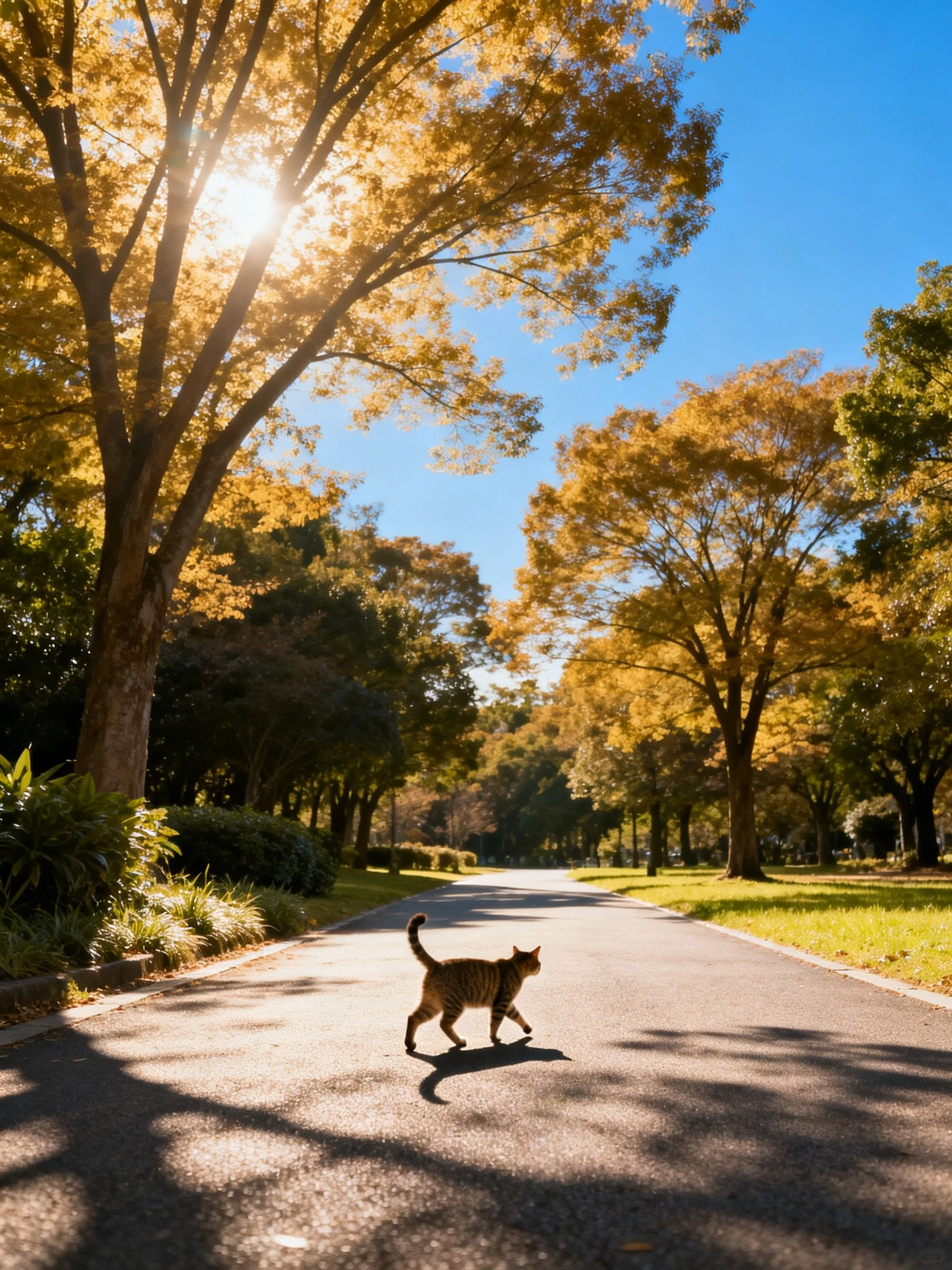 Tabby cat walks down sun-dappled park road with golden trees