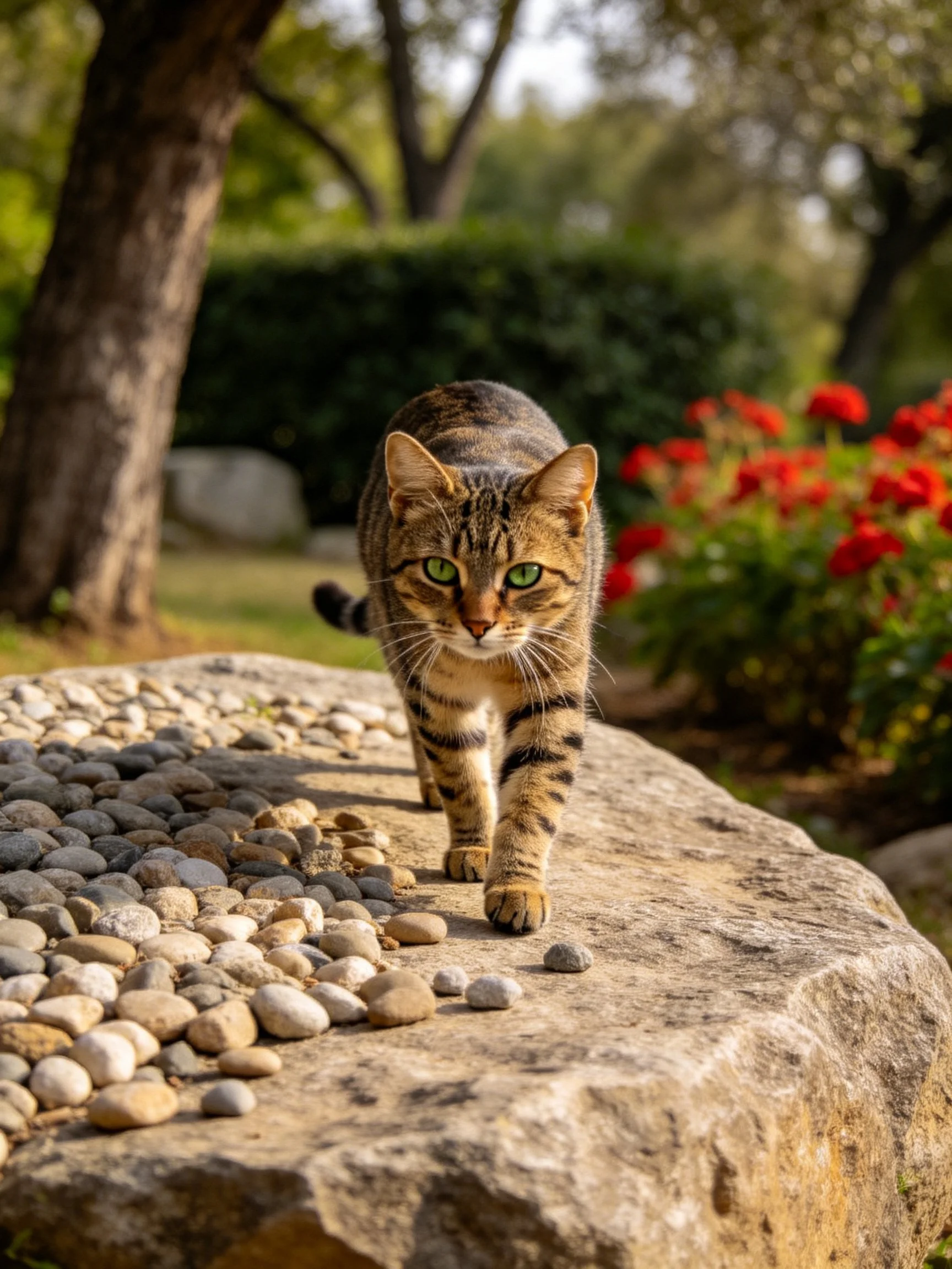 Tabby cat walks on stone with pebbles beside red flowers