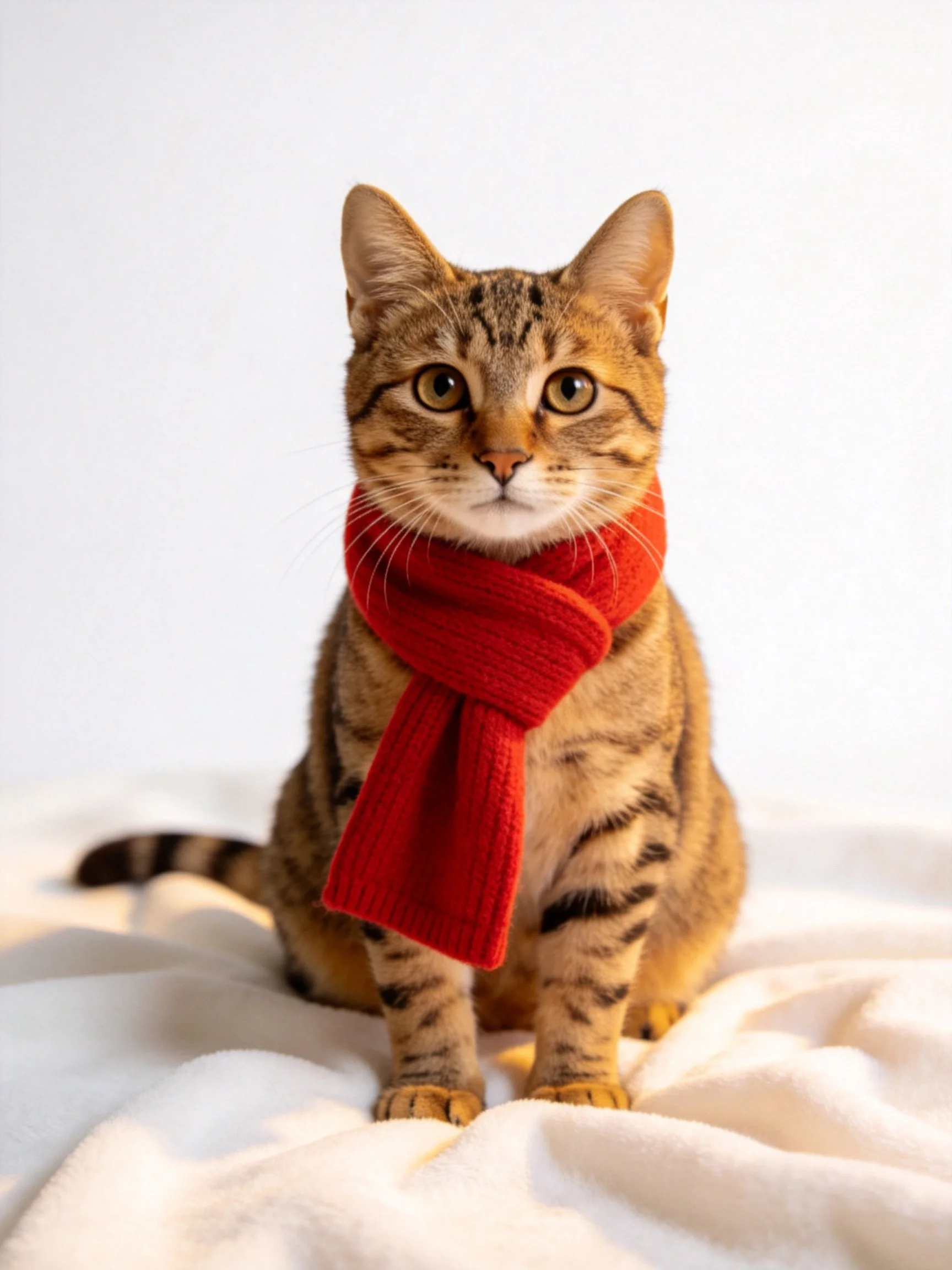 Tabby cat wearing a bright red scarf on white fabric