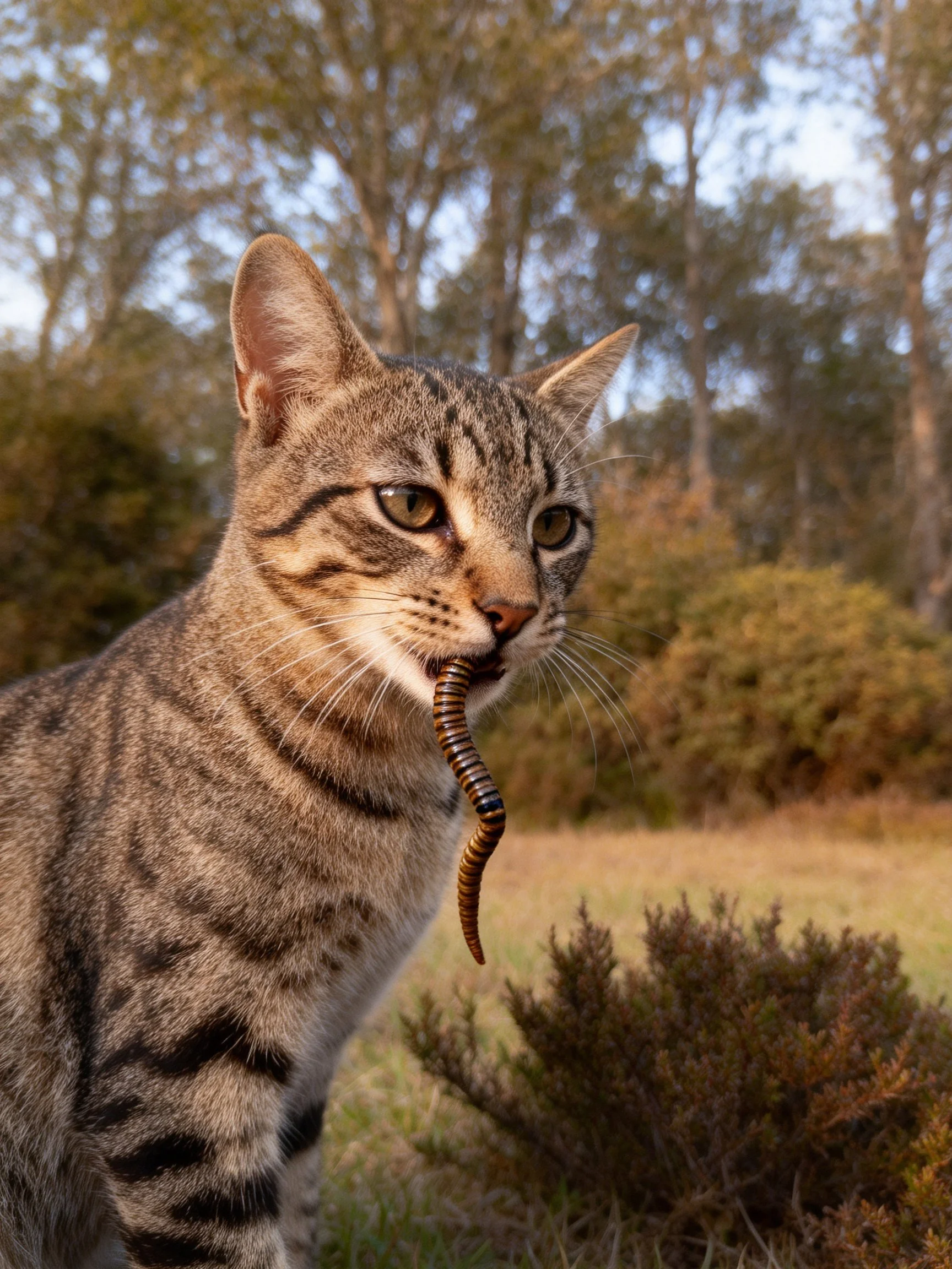 A tabby cat holds a centipede while in a wooded outdoor area.