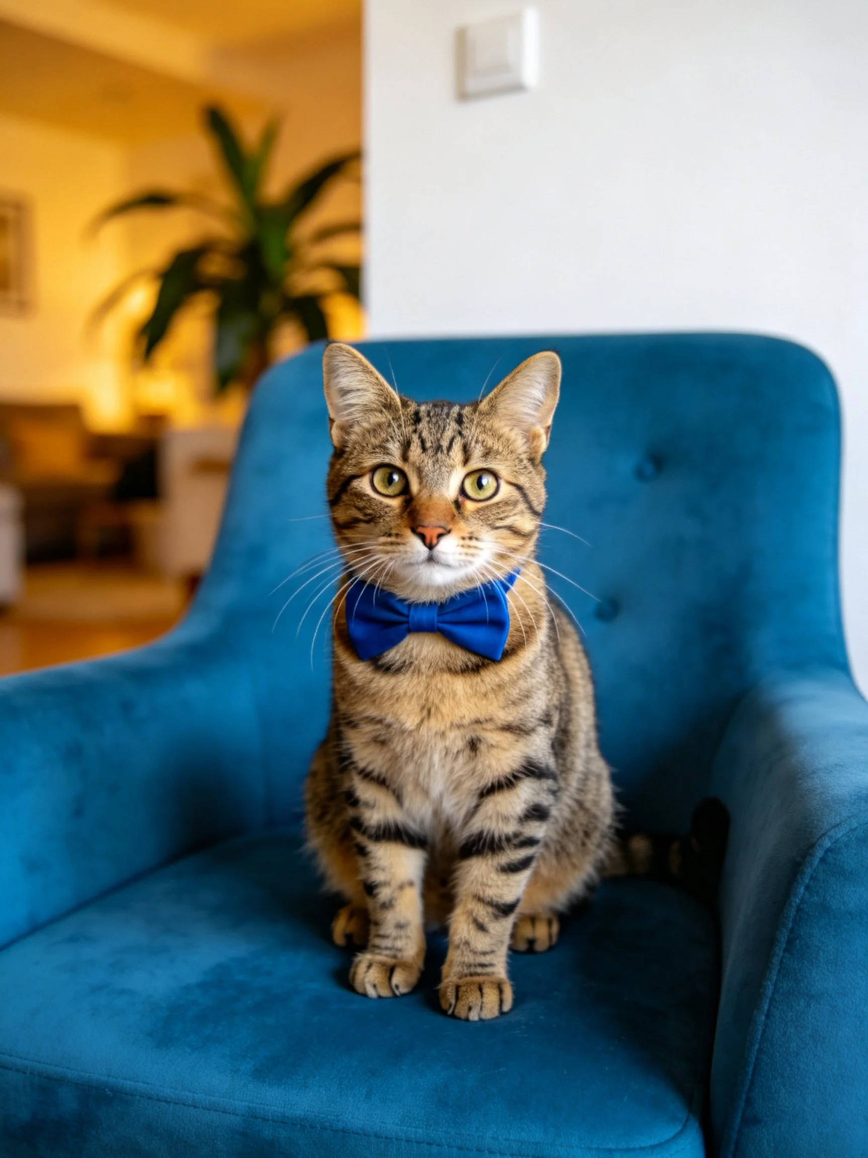 Tabby cat with blue bow tie sitting on teal armchair
