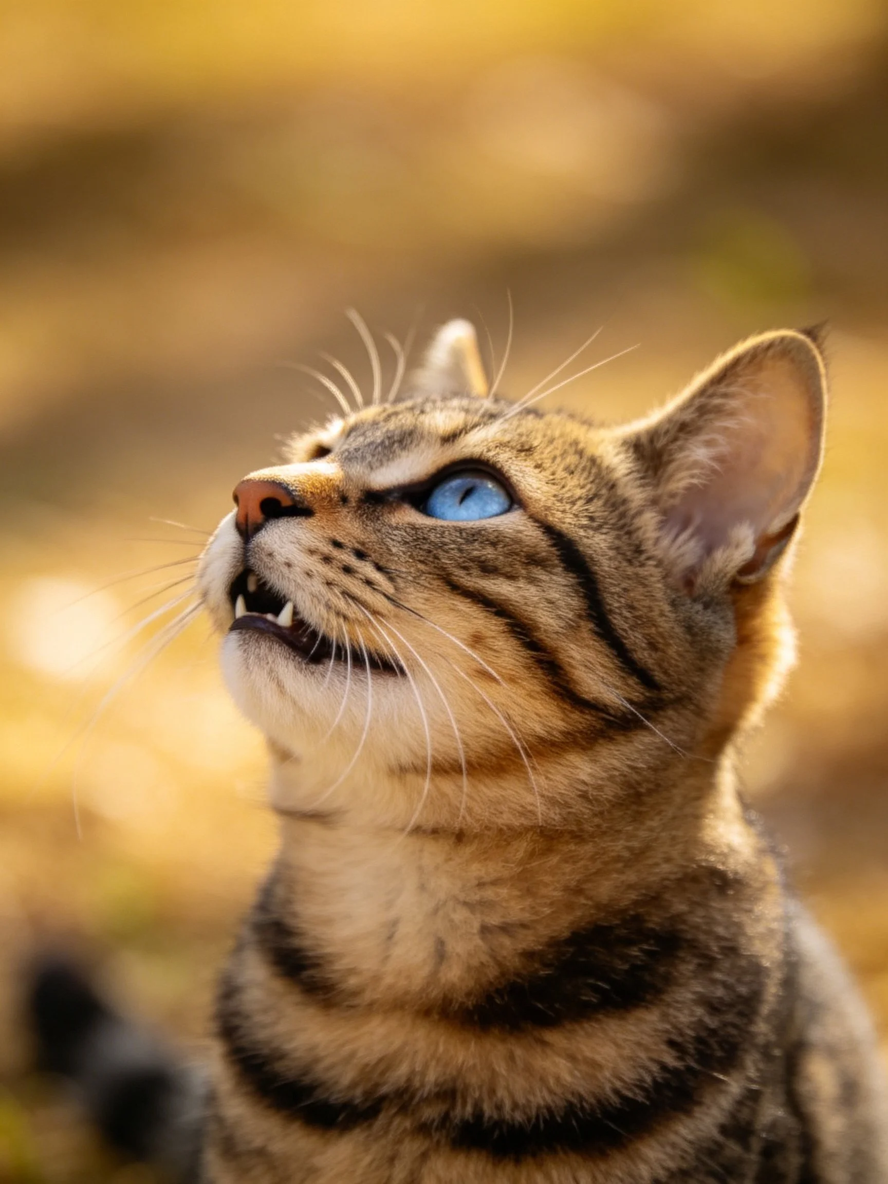 A tabby cat with bright blue eyes looks upward amid a warm, blurred background.