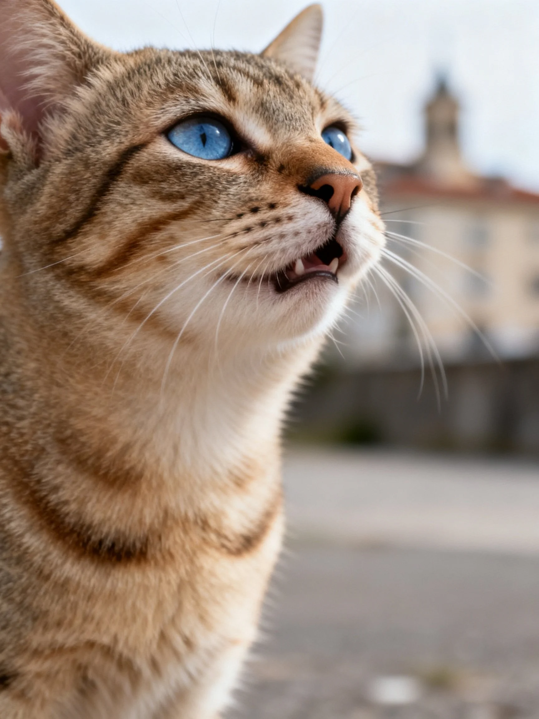 A tabby cat with blue eyes looks upward in an outdoor setting with a blurred building behind.