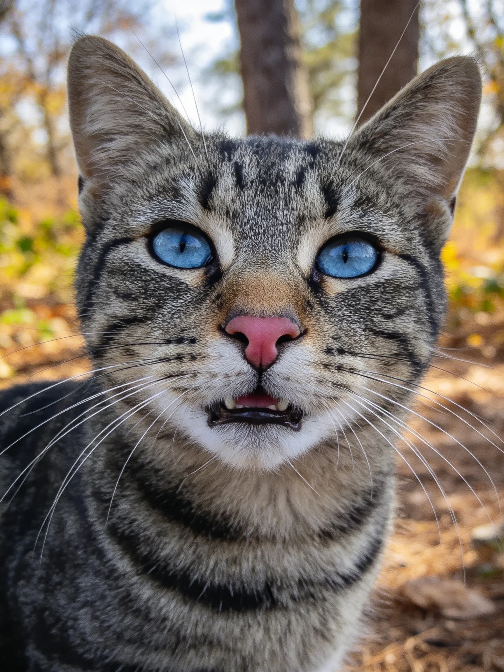 Tabby cat with bright blue eyes in a forested outdoor setting