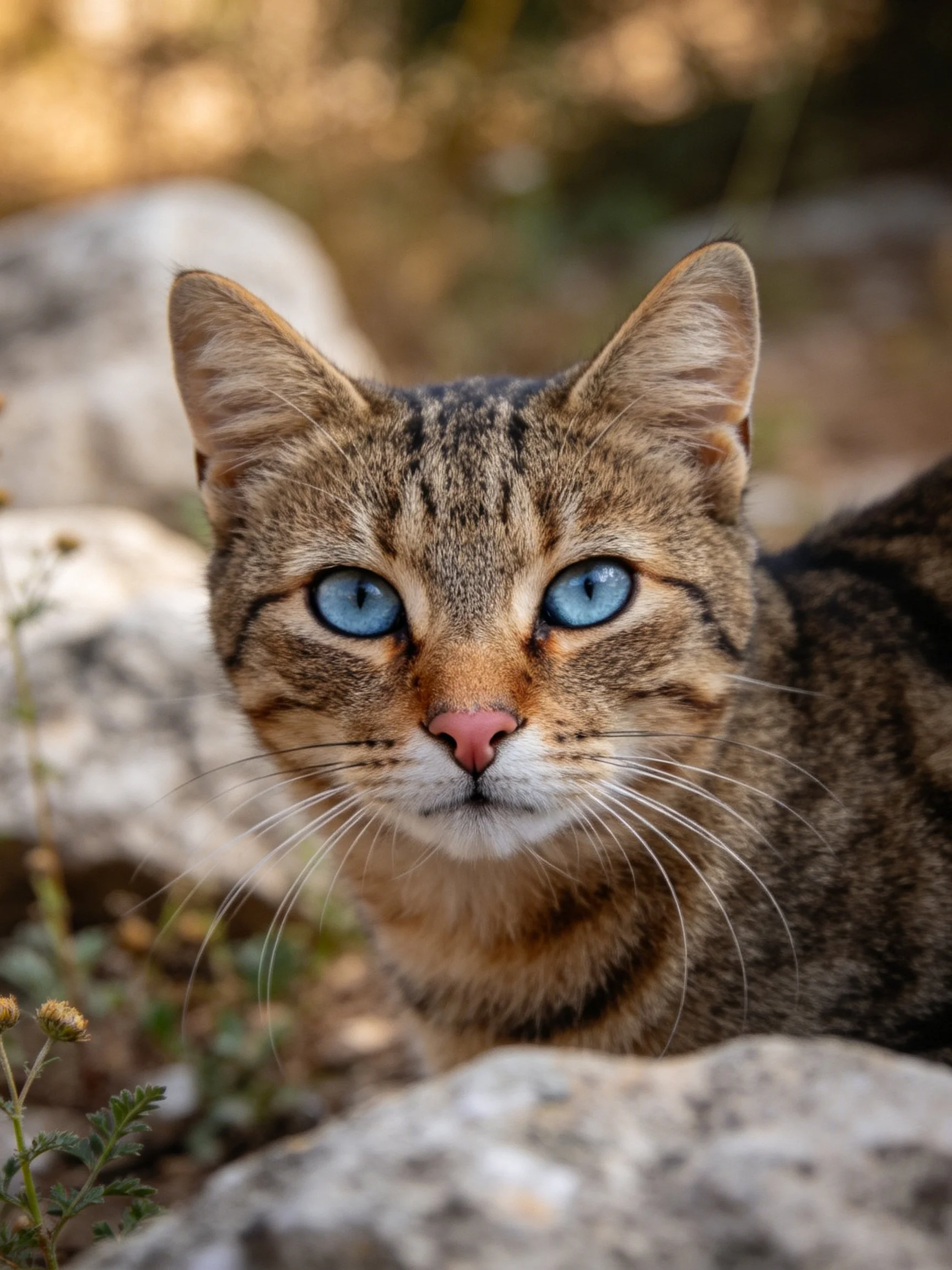 A tabby cat with blue eyes is near rocks and plants in an outdoor setting.