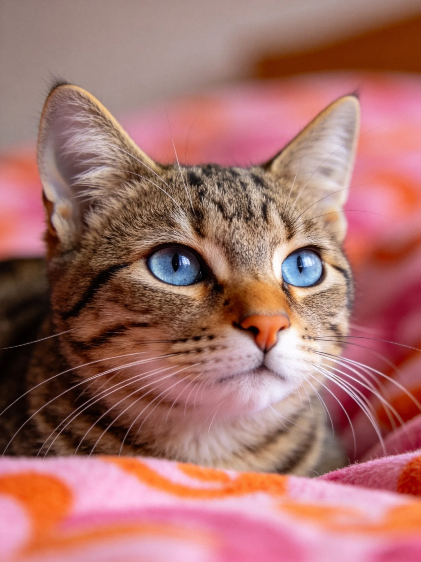 Tabby cat with blue eyes rests on a pink-orange blanket.