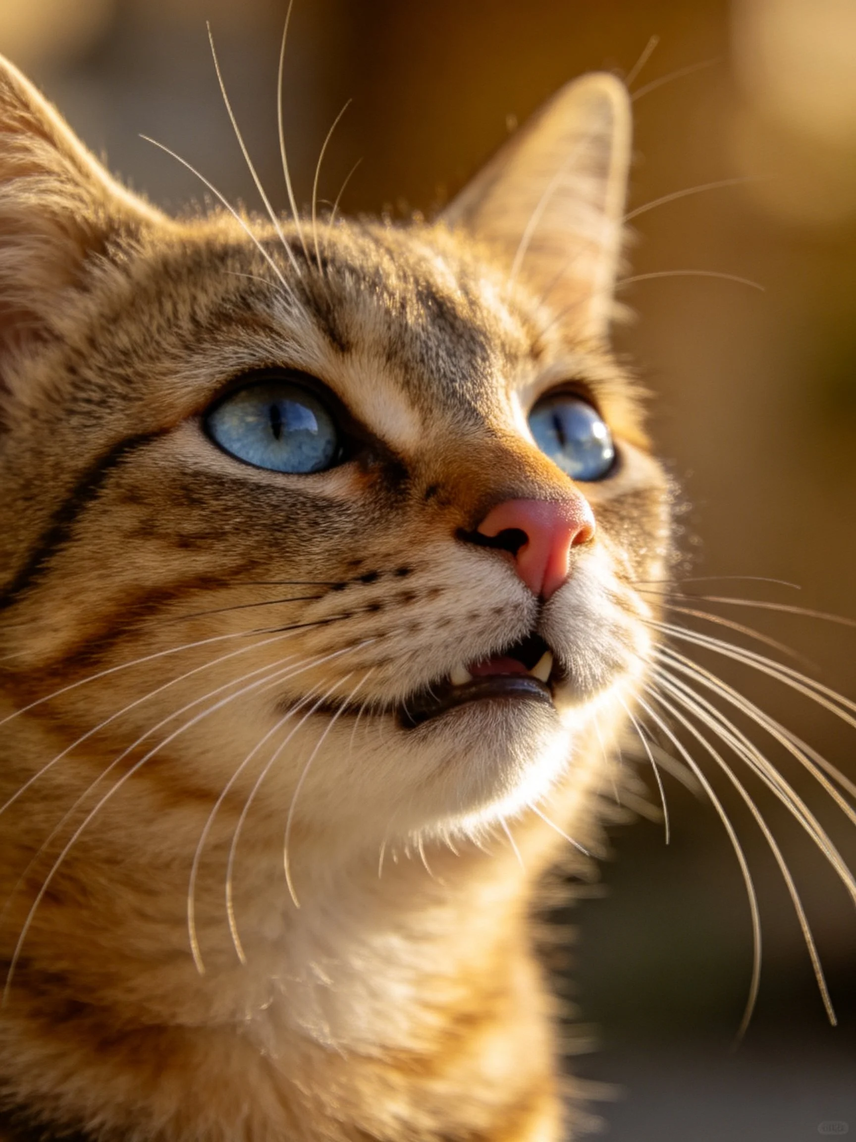 A tabby cat looks upward with bright blue eyes in warm light.