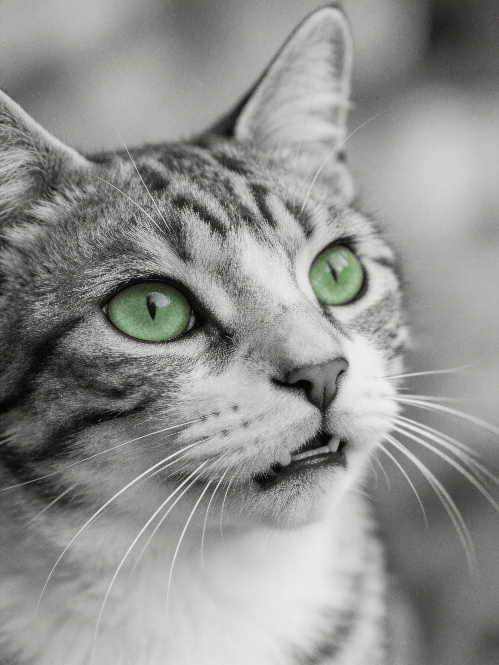 Close - up of a tabby cat showcasing its bright green eyes and facial features