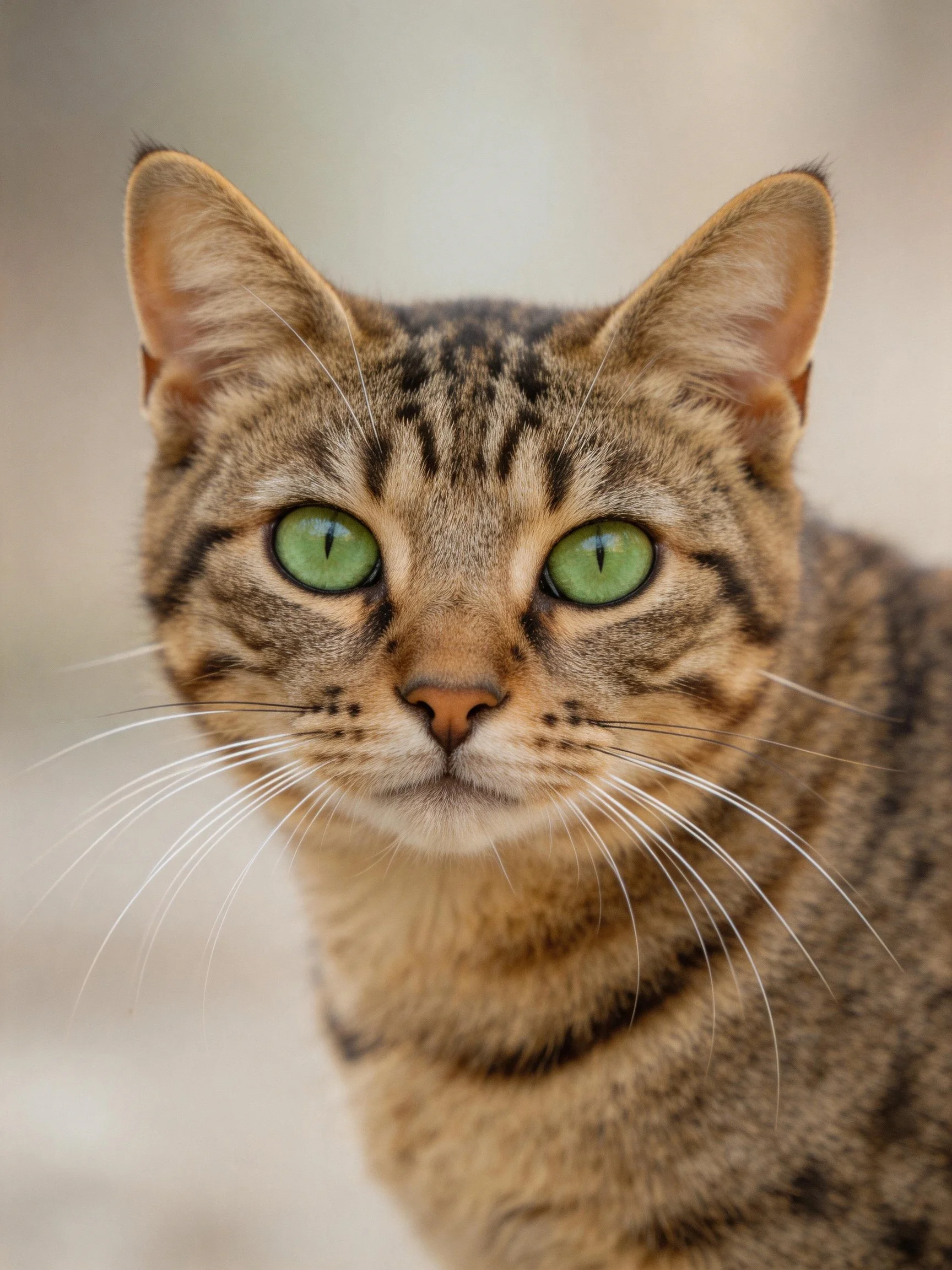 A tabby cat with bright green eyes is shown in a close - up.