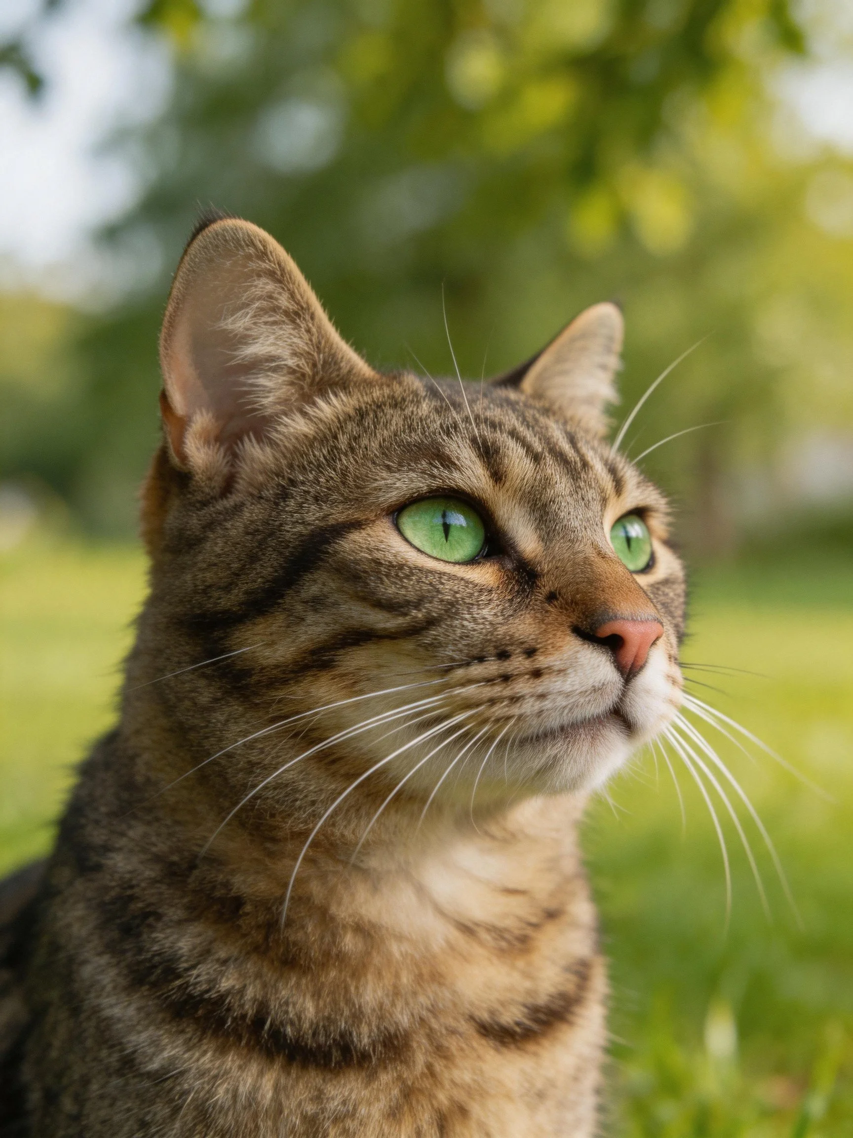 Tabby cat with striking green eyes looks upward in a sunlit outdoor space.