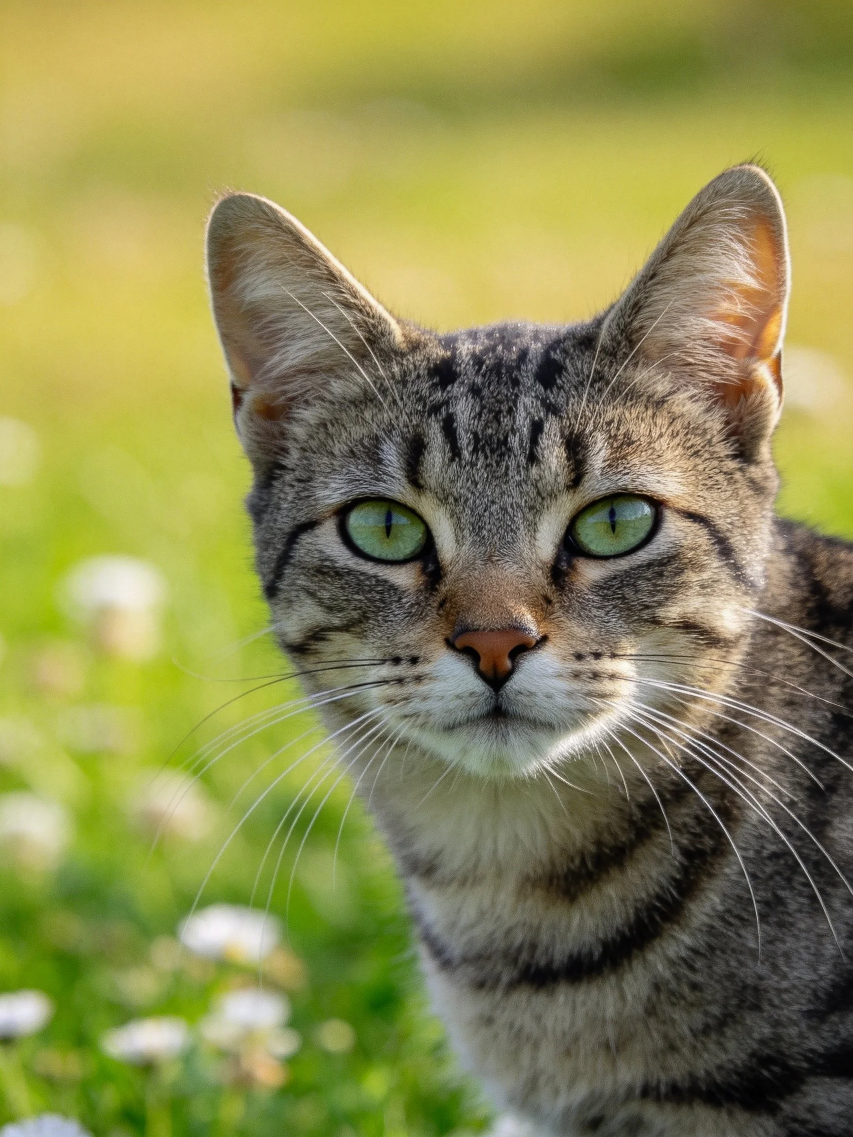 Close-up of a tabby cat with vivid green eyes in a sunlit grassy area.