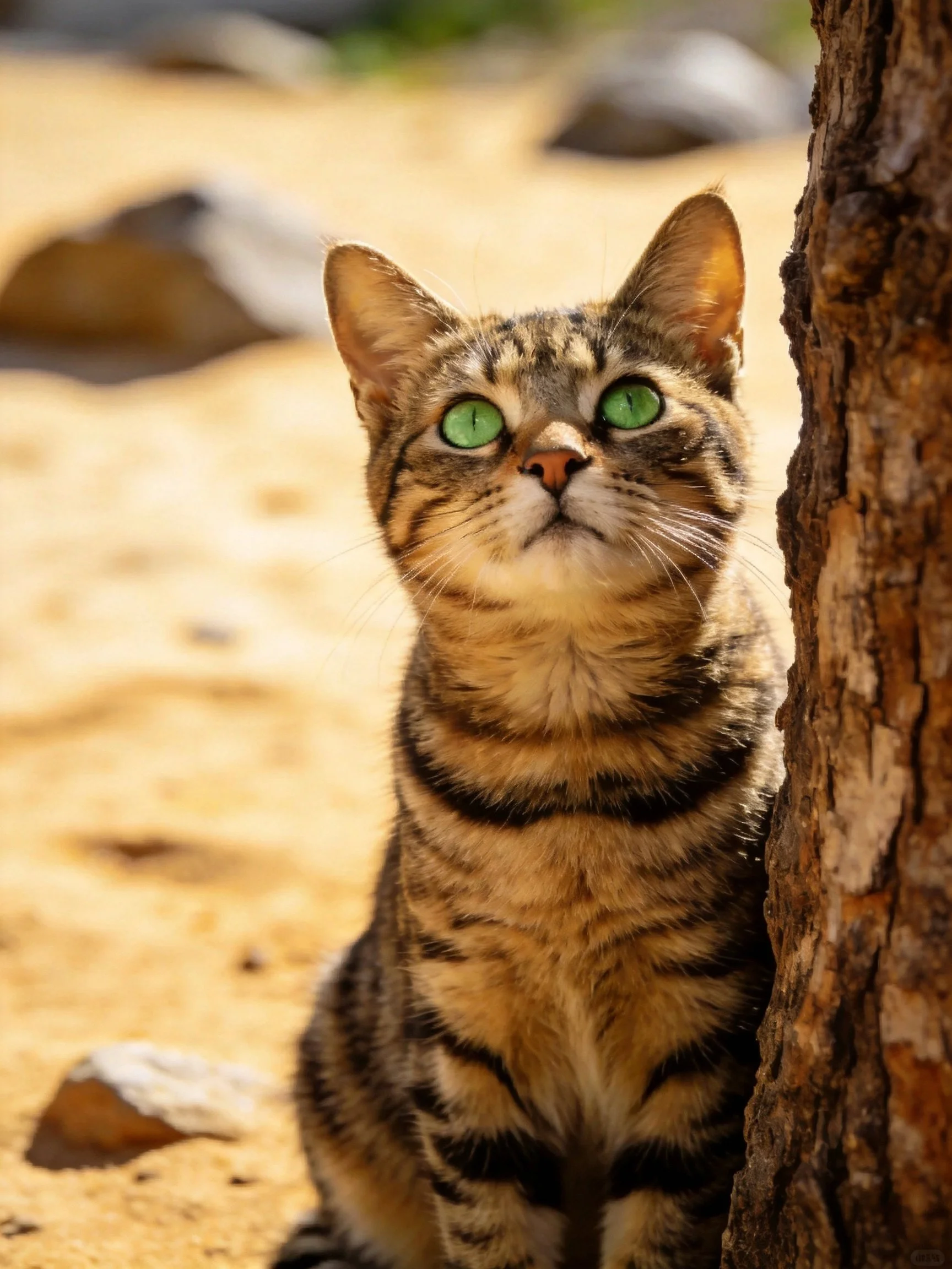 A cat with green eyes sits near a tree trunk on sandy terrain.