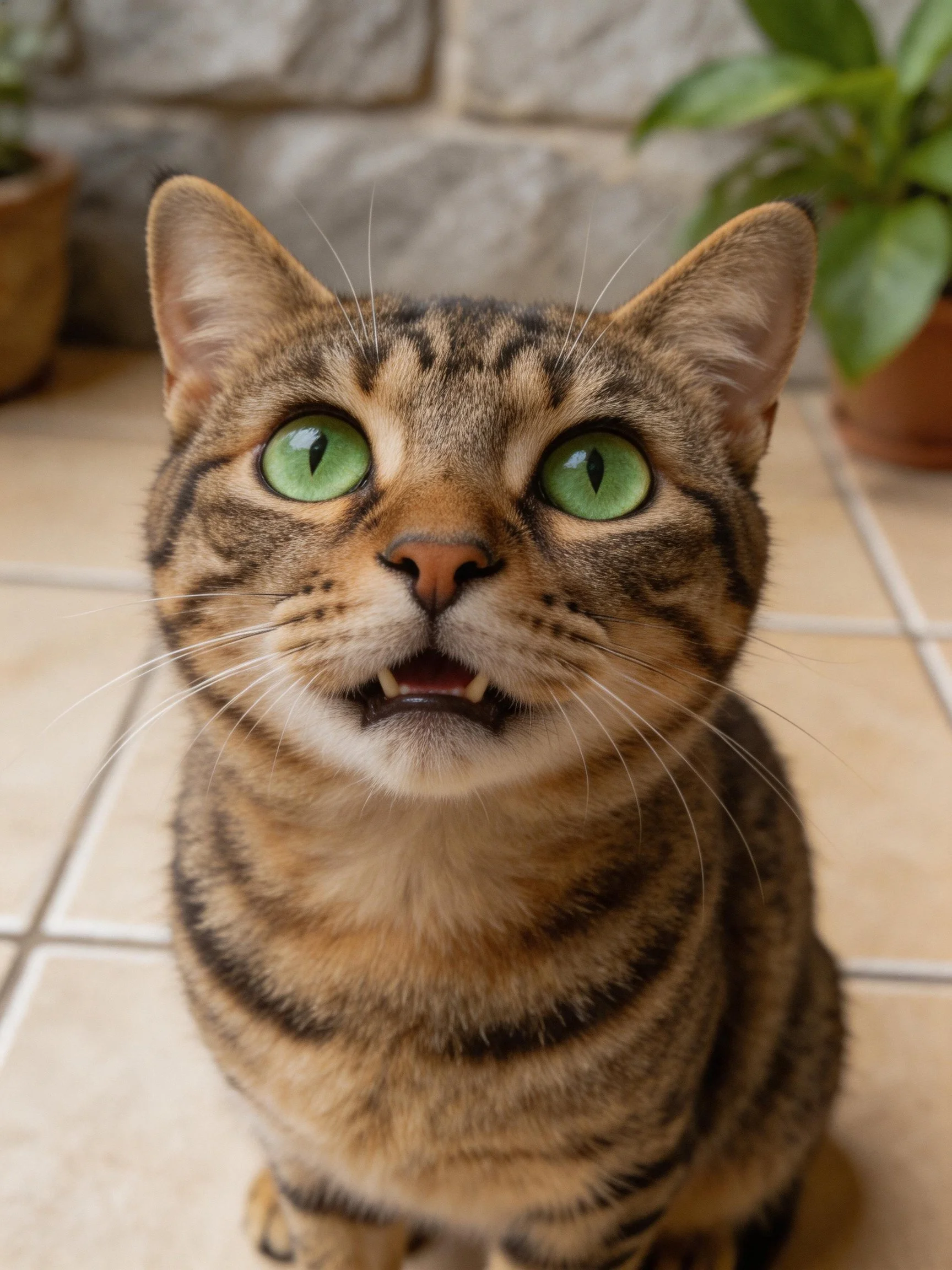 Tabby cat with striking green eyes sits on tiled flooring near stone walls and plants.